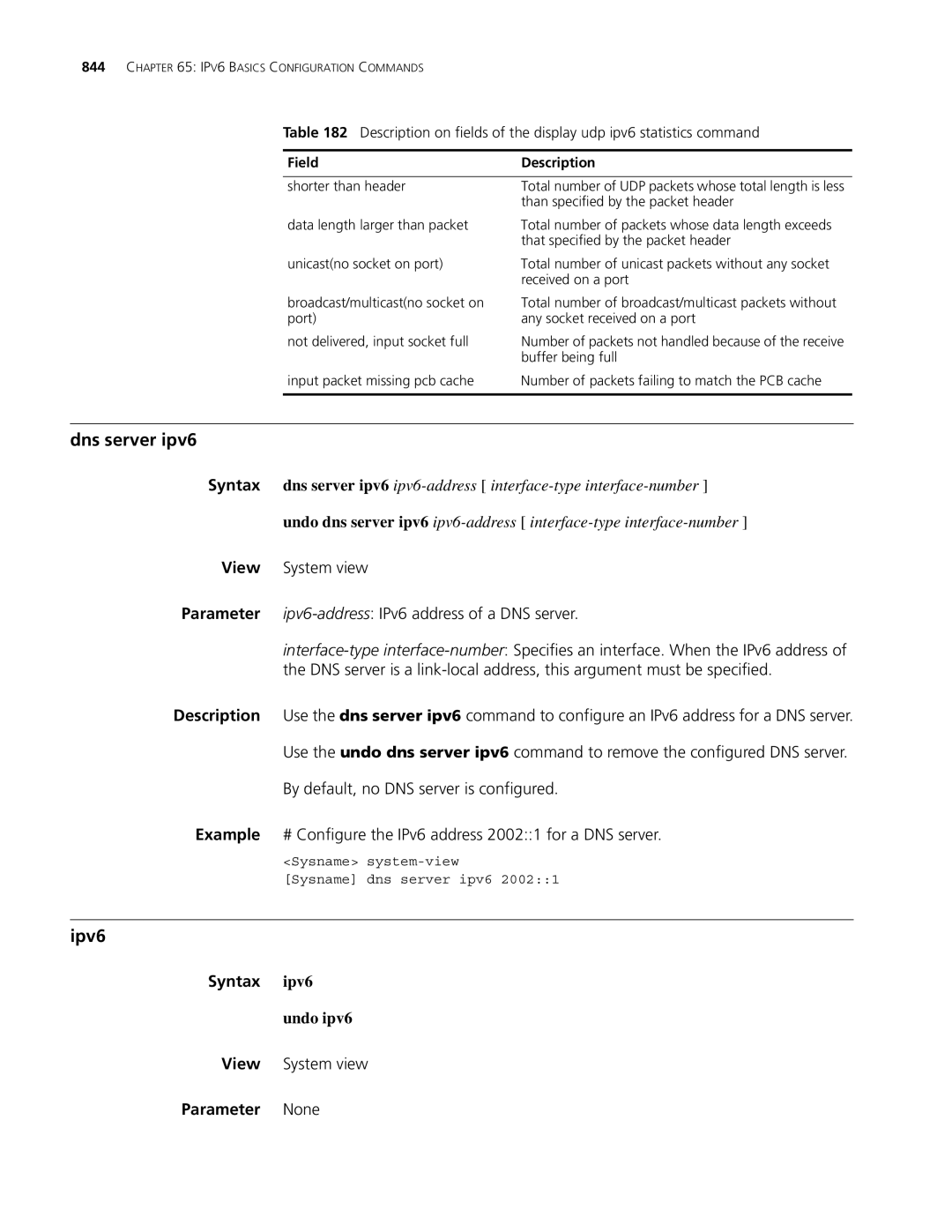 3Com MSR 30, MSR 50 manual Dns server ipv6, Ipv6, Syntax ipv6, Undo ipv6 