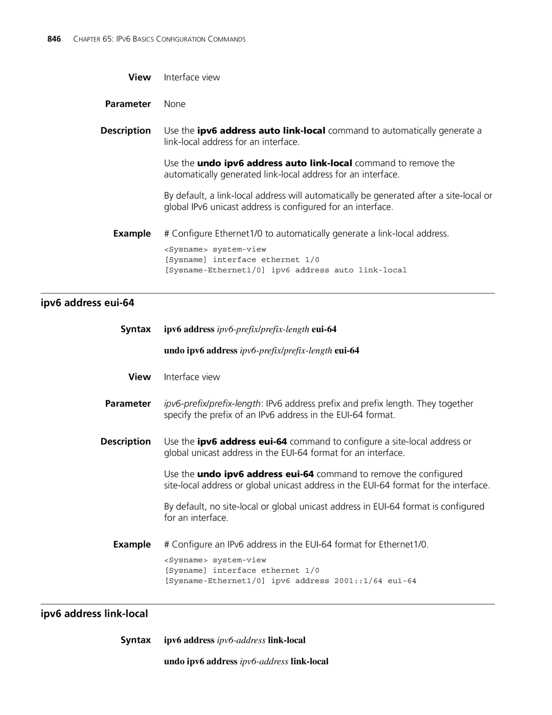 3Com MSR 30, MSR 50 manual Ipv6 address eui-64, Ipv6 address link-local 