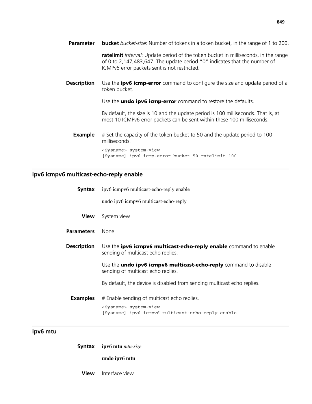 3Com MSR 50, MSR 30 manual Ipv6 icmpv6 multicast-echo-reply enable, Ipv6 mtu, Syntax ipv6 mtu mtu-size Undo ipv6 mtu, 849 
