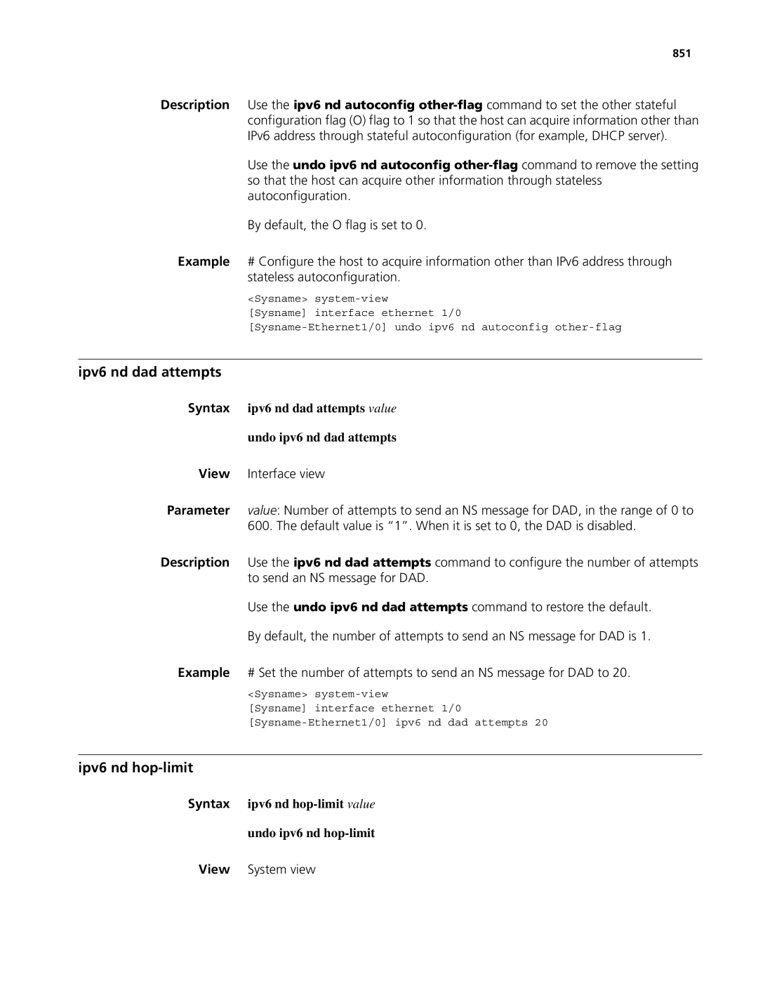 3Com MSR 50 Ipv6 nd dad attempts, Ipv6 nd hop-limit, Syntax ipv6 nd dad attempts value Undo ipv6 nd dad attempts, 851 