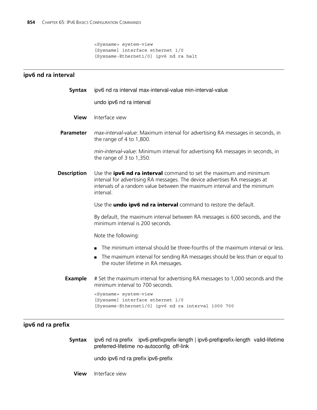 3Com MSR 30, MSR 50 Ipv6 nd ra interval, Ipv6 nd ra prefix, Undo ipv6 nd ra interval, Undo ipv6 nd ra prefix ipv6-prefix 