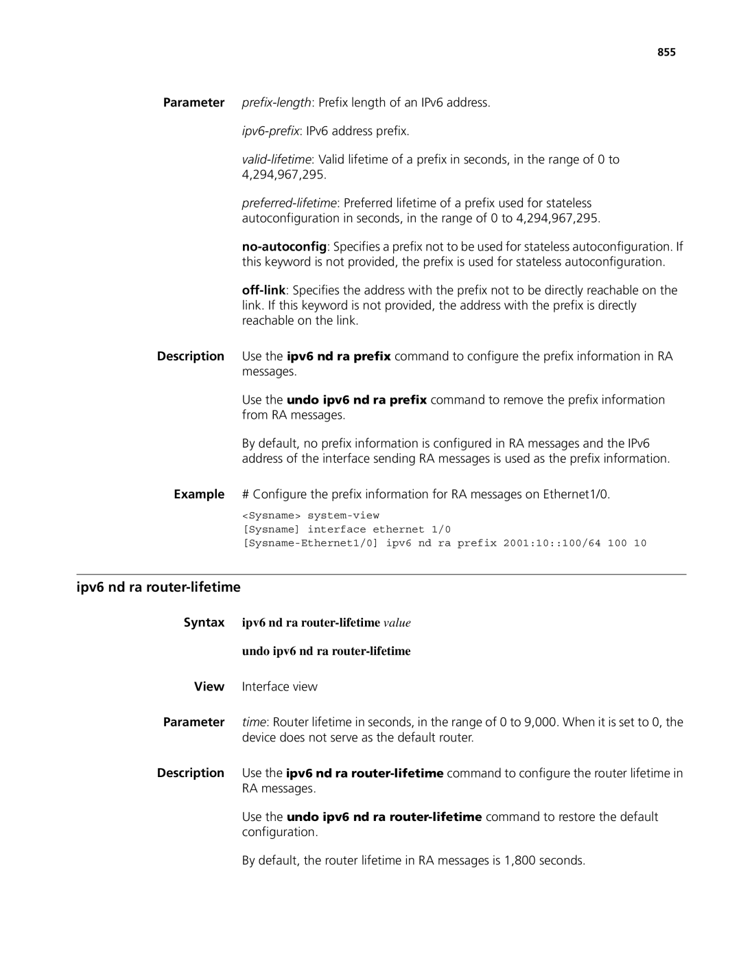 3Com MSR 50, MSR 30 manual Ipv6 nd ra router-lifetime, 855 