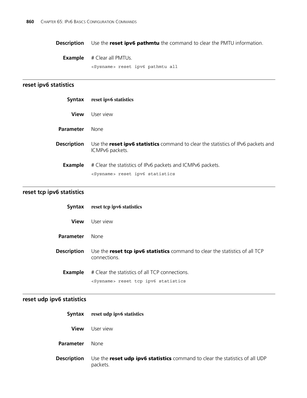 3Com MSR 30, MSR 50 manual Reset ipv6 statistics, Reset tcp ipv6 statistics, Reset udp ipv6 statistics, ICMPv6 packets 