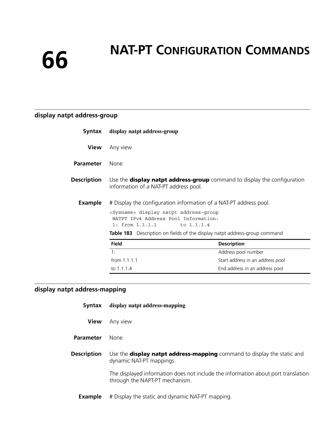 3Com MSR 50, MSR 30 manual NAT-PT Configuration Commands, Display natpt address-group, Display natpt address-mapping 