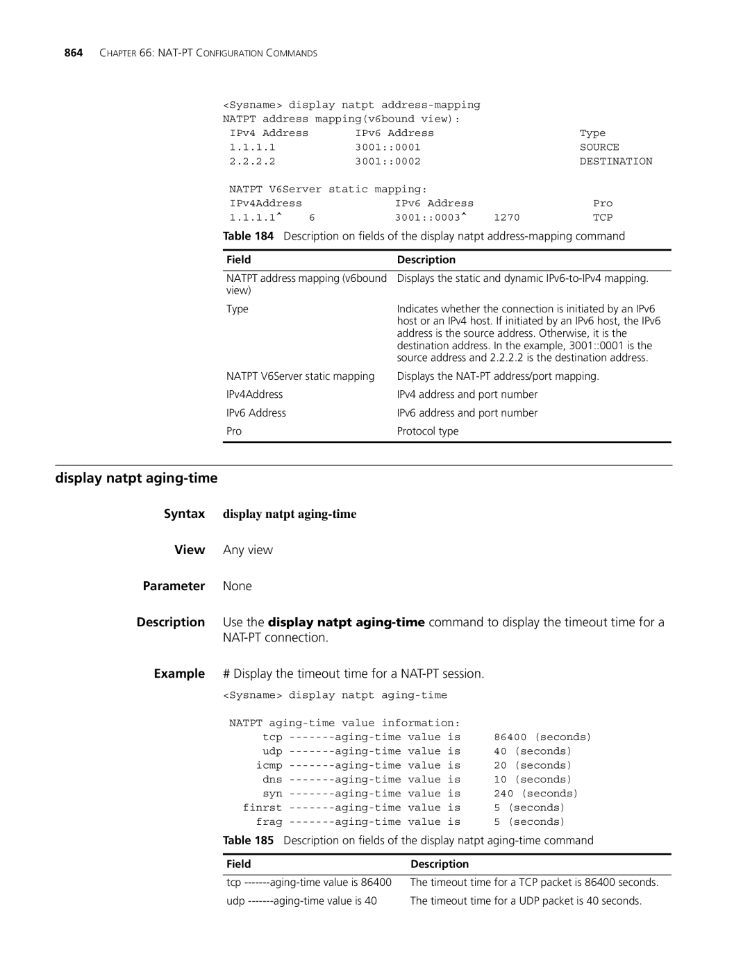 3Com MSR 30, MSR 50 manual Display natpt aging-time, Syntax display natpt aging-time 