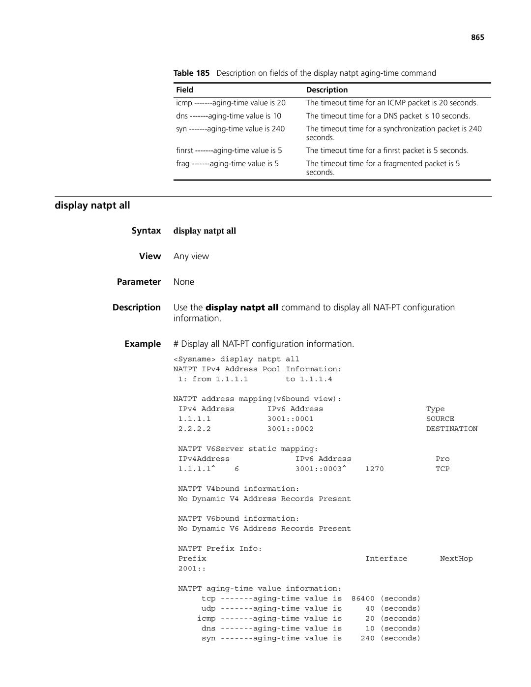 3Com MSR 50, MSR 30 manual Display natpt all, Example # Display all NAT-PT configuration information, 865 