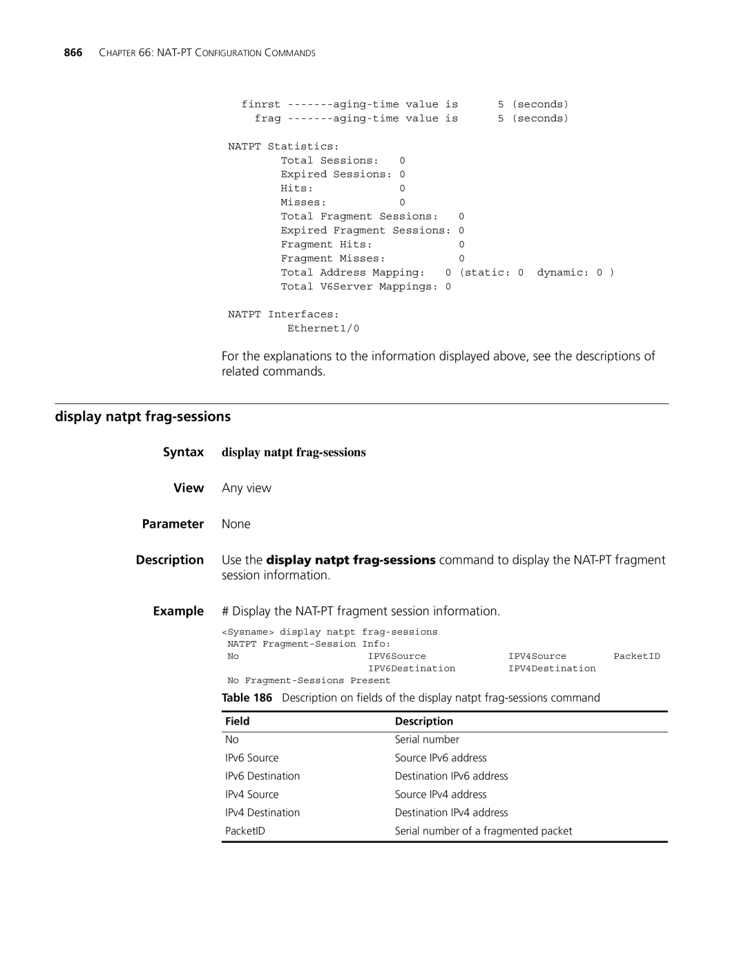 3Com MSR 30, MSR 50 manual Display natpt frag-sessions, Syntax display natpt frag-sessions 