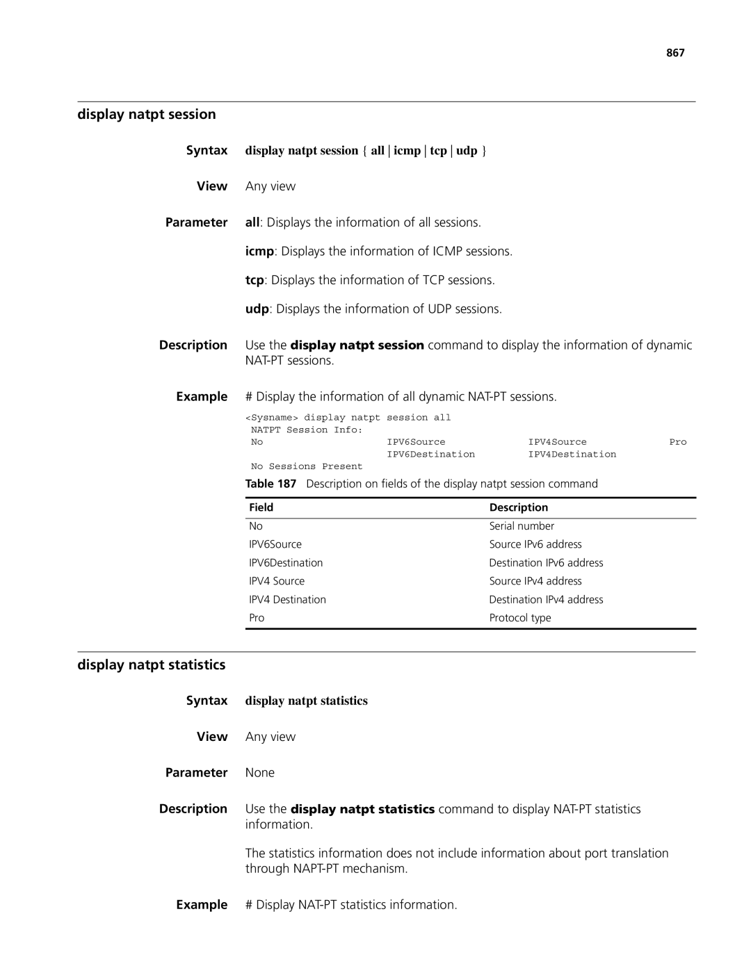 3Com MSR 50, MSR 30 manual Display natpt session, Display natpt statistics, Syntax display natpt session all icmp tcp udp 