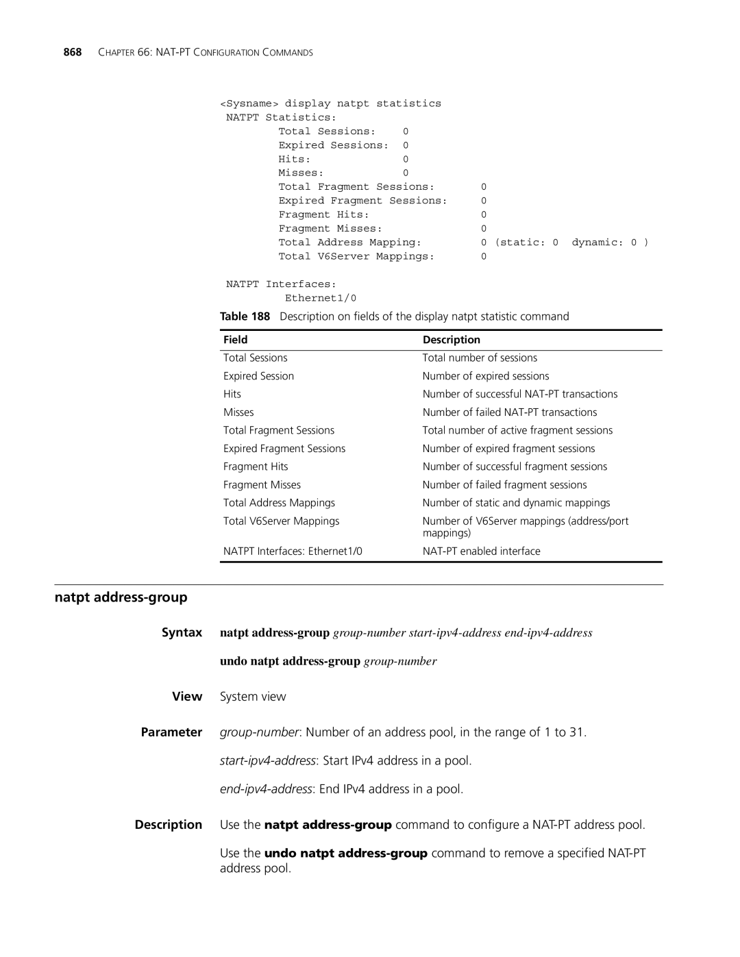 3Com MSR 30, MSR 50 manual Natpt address-group, Undo natpt address-group group-number 