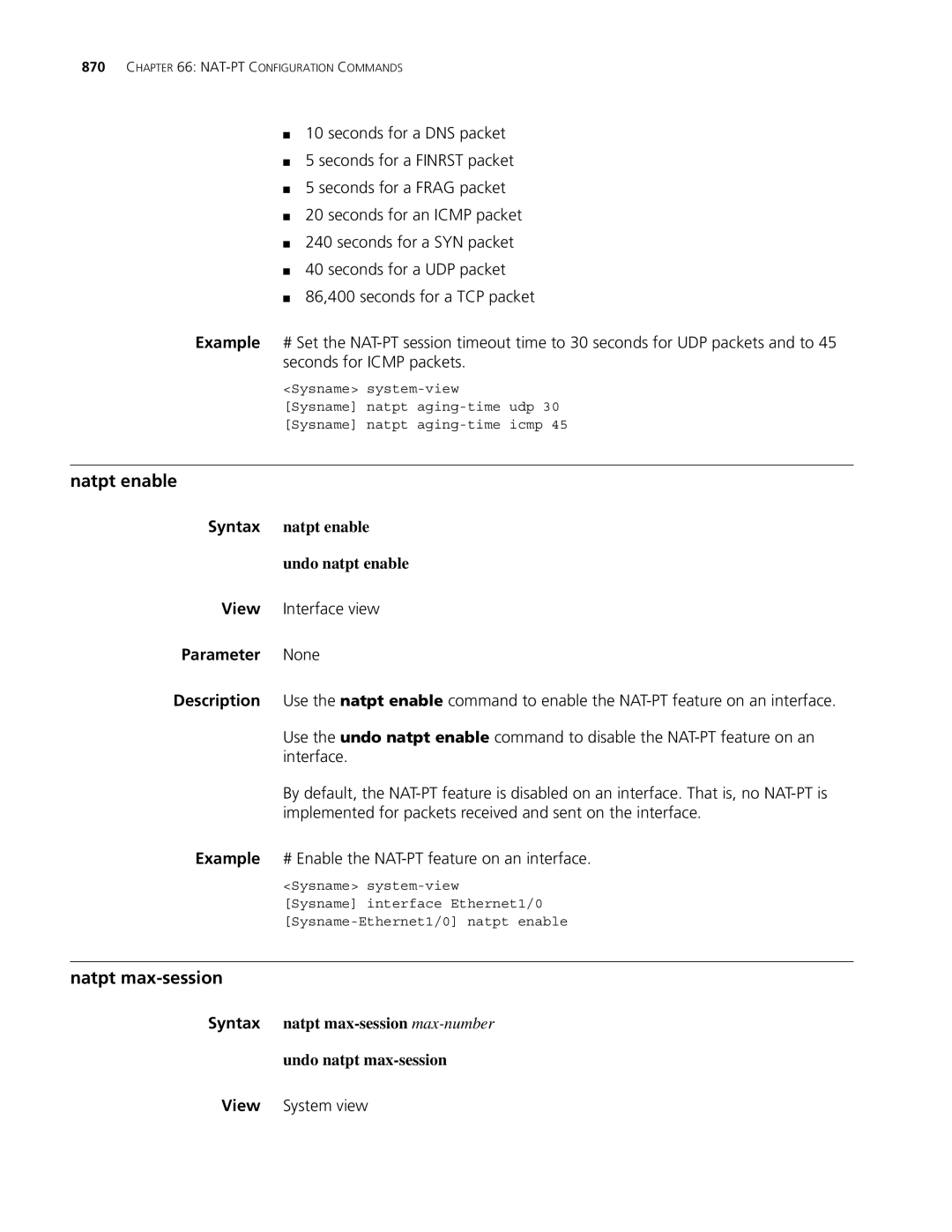 3Com MSR 30, MSR 50 manual Natpt enable, Natpt max-session, Syntax natpt enable Undo natpt enable 