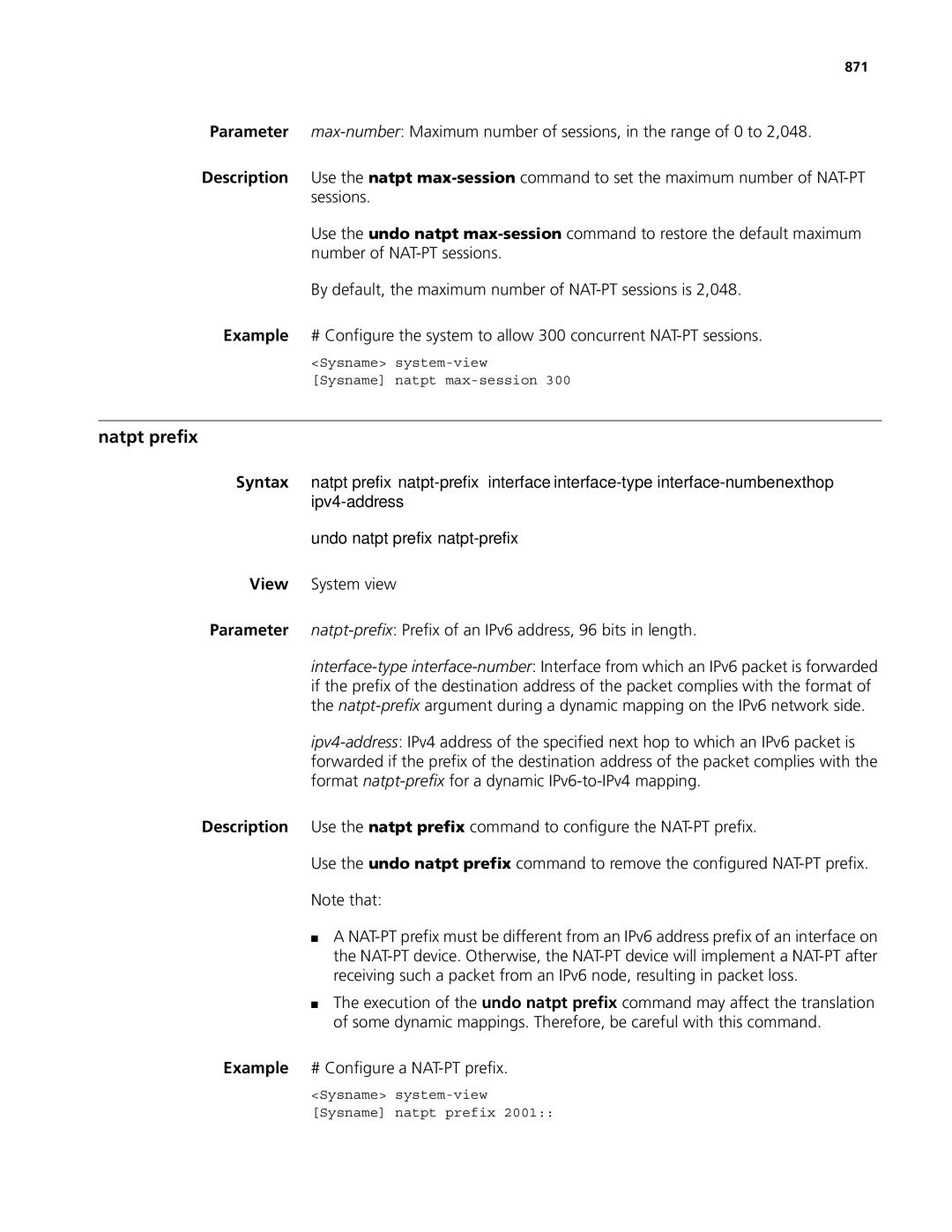 3Com MSR 50, MSR 30 manual Natpt prefix, Undo natpt prefix natpt-prefix, Example # Configure a NAT-PT prefix, 871 