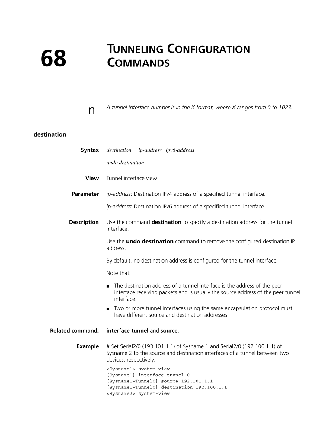 3Com MSR 50 Tunneling Configuration Commands, Destination, Undo destination, Related command interface tunnel and source 