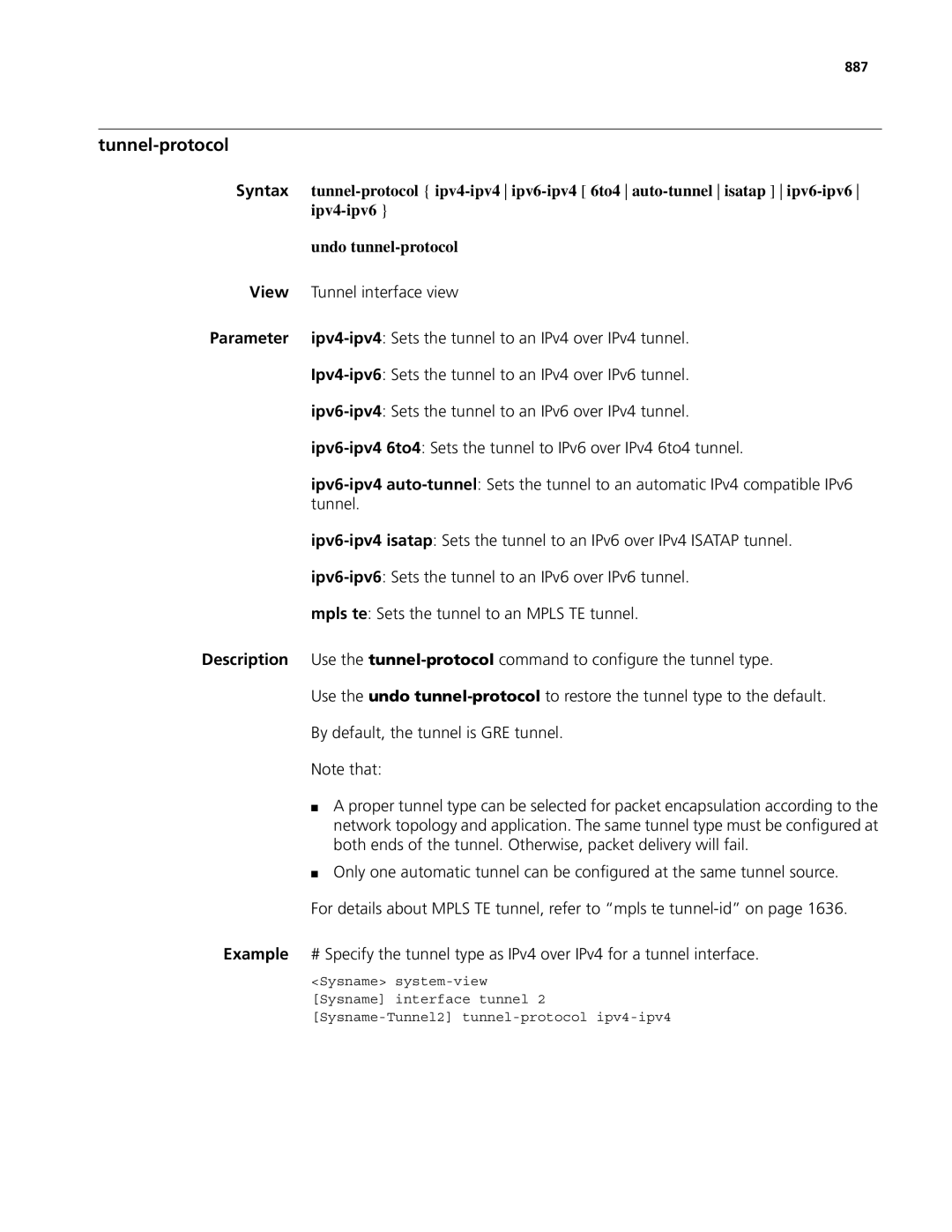 3Com MSR 50, MSR 30 manual Tunnel-protocol, Ipv4-ipv6, Undo tunnel-protocol 