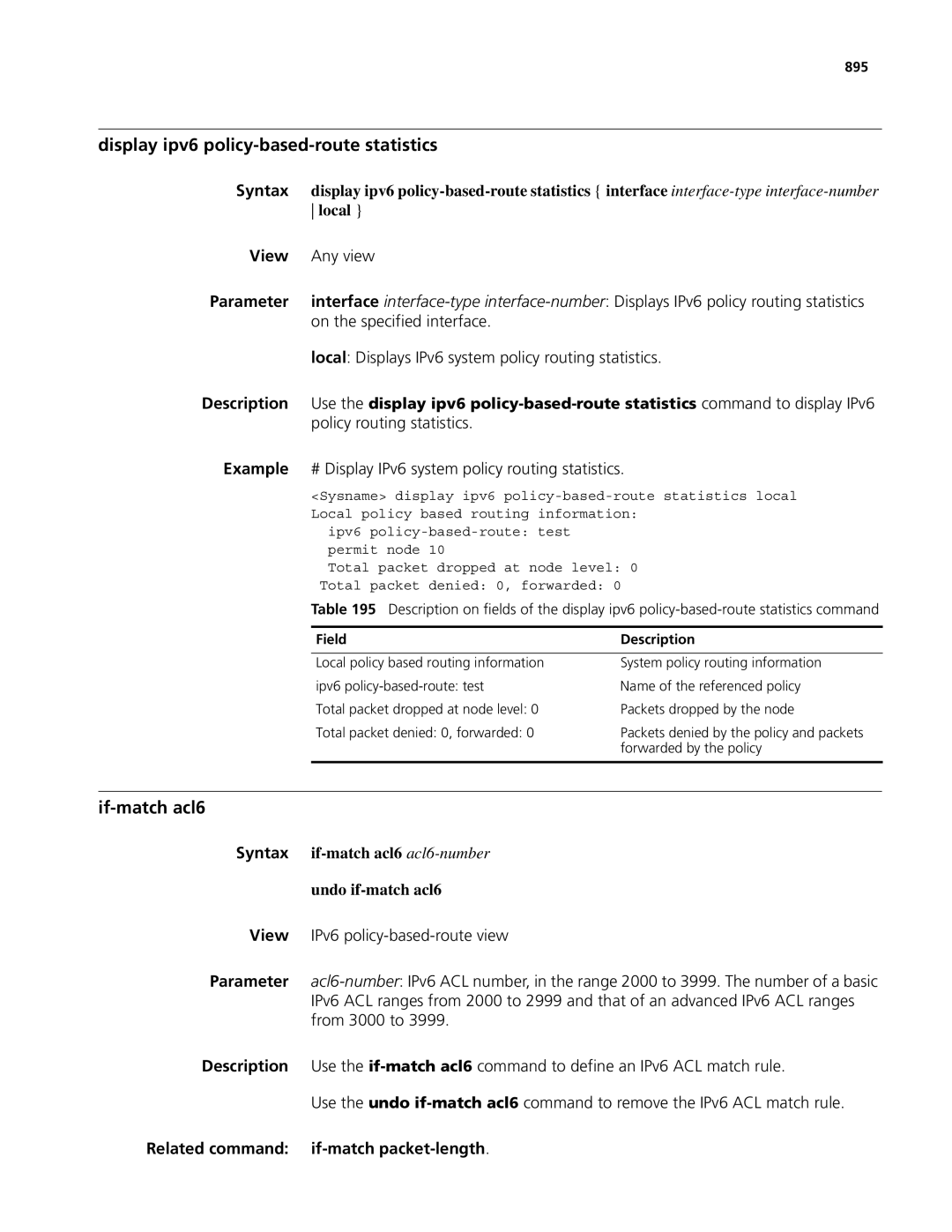 3Com MSR 50 Display ipv6 policy-based-route statistics, If-match acl6, Syntax if-match acl6 acl6-number Undo if-match acl6 