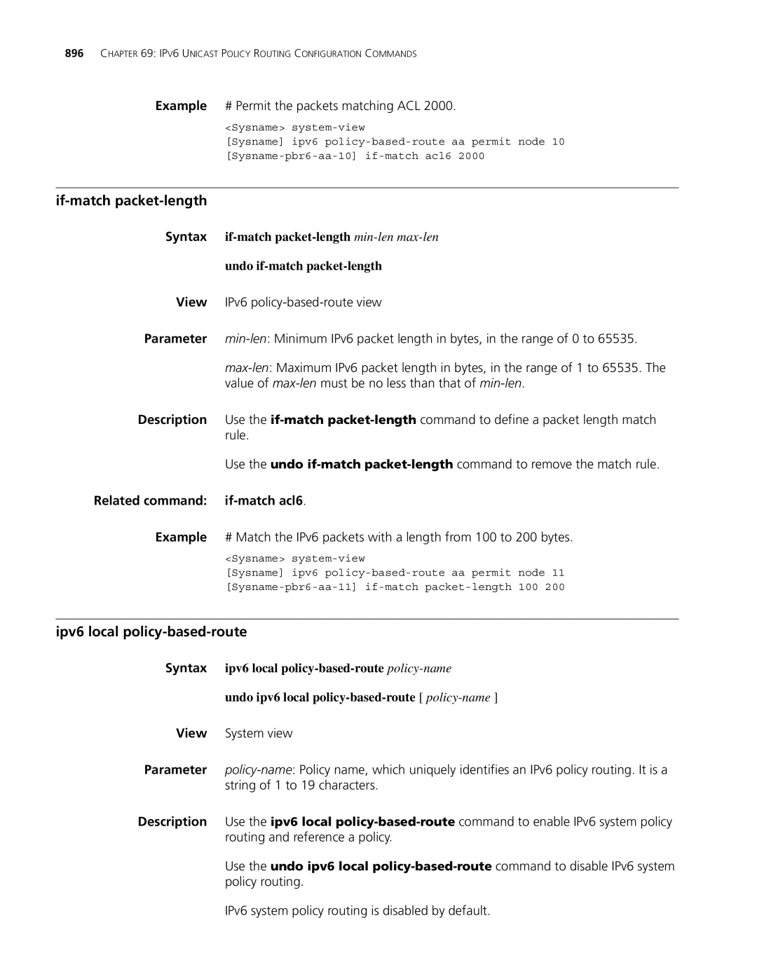 3Com MSR 30 manual Ipv6 local policy-based-route, Example # Permit the packets matching ACL, Related command if-match acl6 