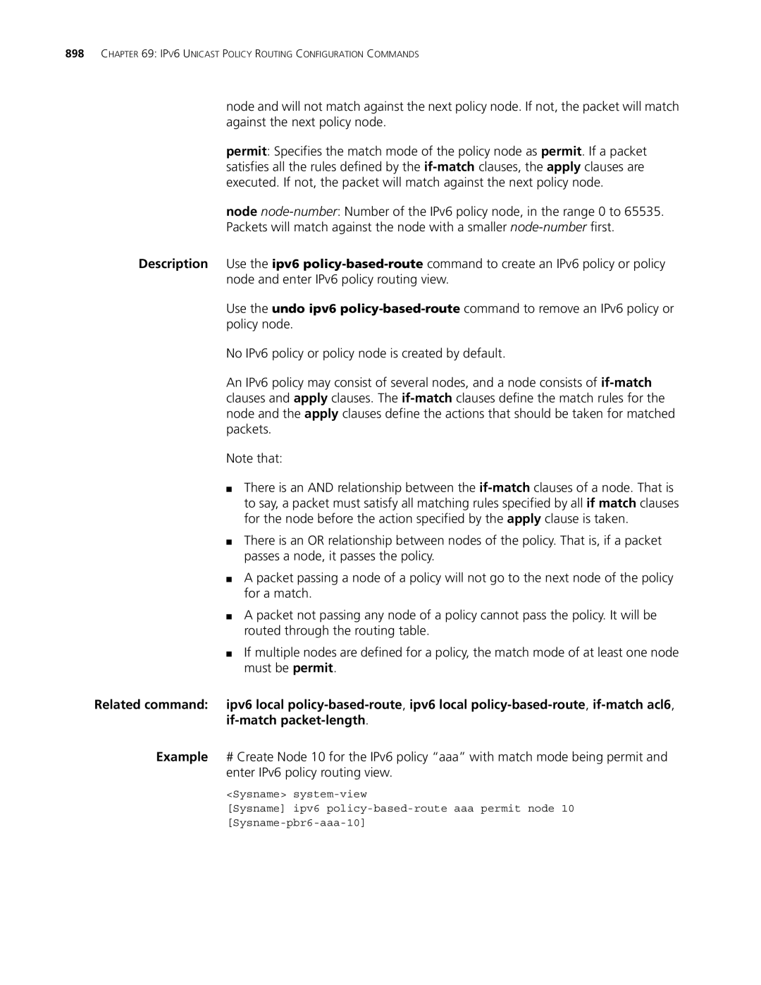 3Com MSR 30, MSR 50 manual IPV6 Unicast Policy Routing Configuration Commands 