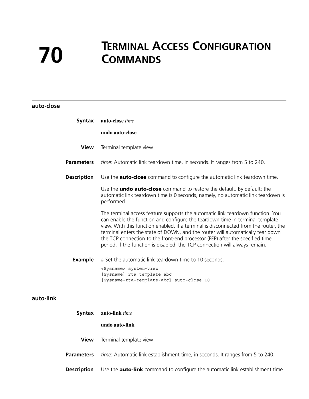 3Com MSR 50, MSR 30 Terminal Access Configuration Commands, Auto-close, Auto-link, Syntax auto-close time Undo auto-close 