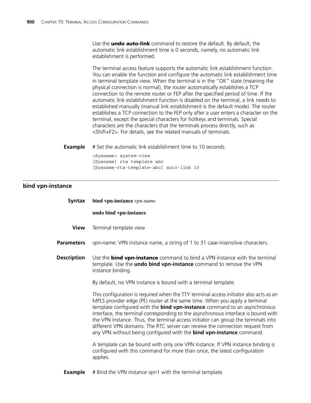 3Com MSR 30, MSR 50 manual Bind vpn-instance, Syntax bind vpn-instance vpn-name Undo bind vpn-instance 