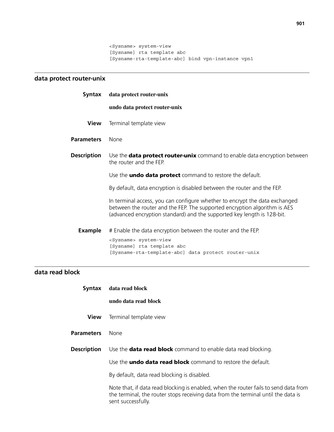 3Com MSR 50, MSR 30 manual Data protect router-unix, Data read block, View Terminal template view, 901 