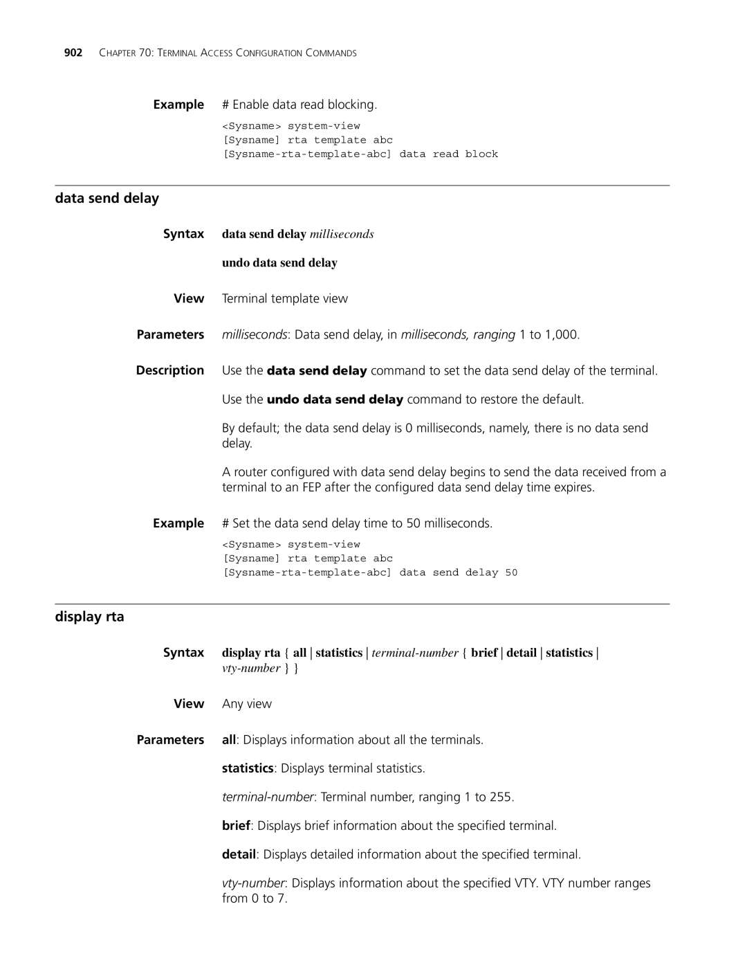3Com MSR 30, MSR 50 manual Data send delay, Display rta, Syntax data send delay milliseconds Undo data send delay 