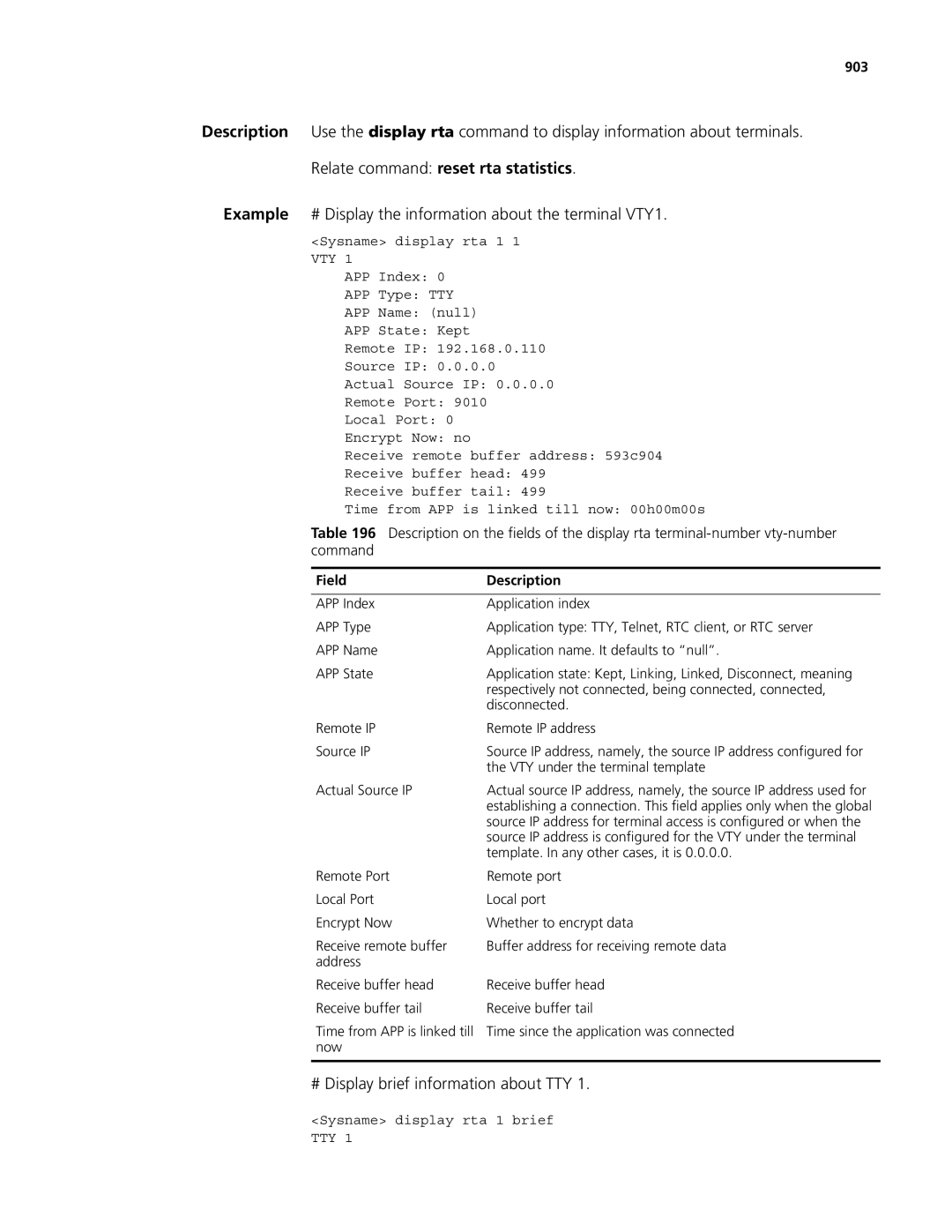 3Com MSR 50, MSR 30 manual # Display brief information about TTY, 903 