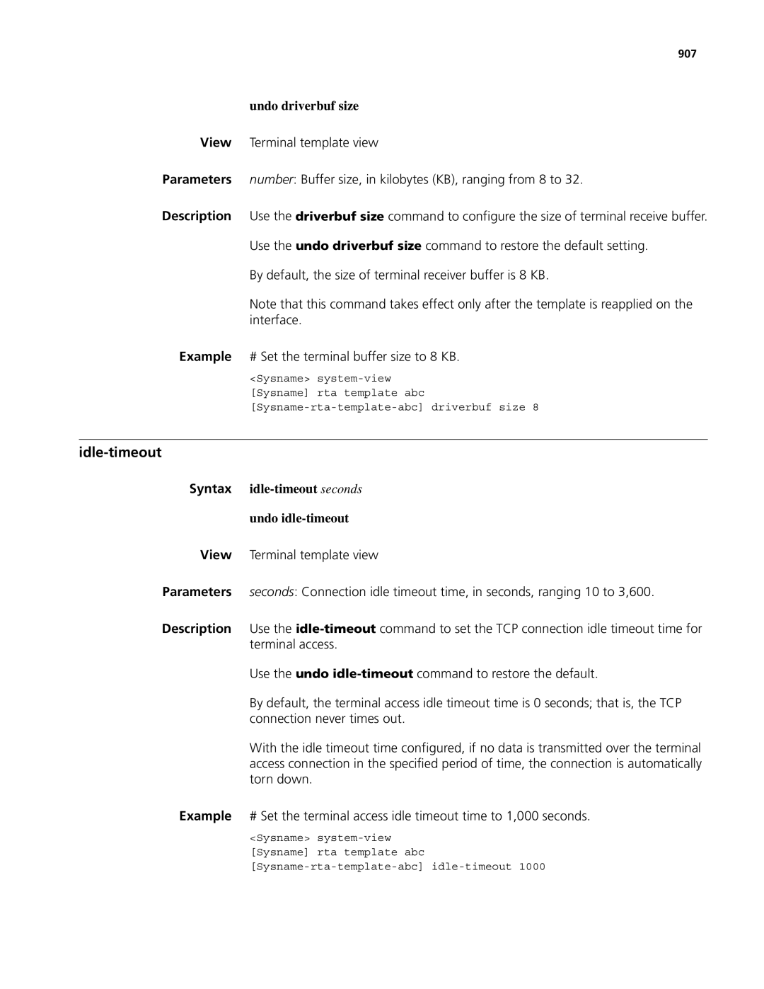 3Com MSR 50, MSR 30 manual Idle-timeout, Undo driverbuf size, Syntax idle-timeout seconds Undo idle-timeout, 907 