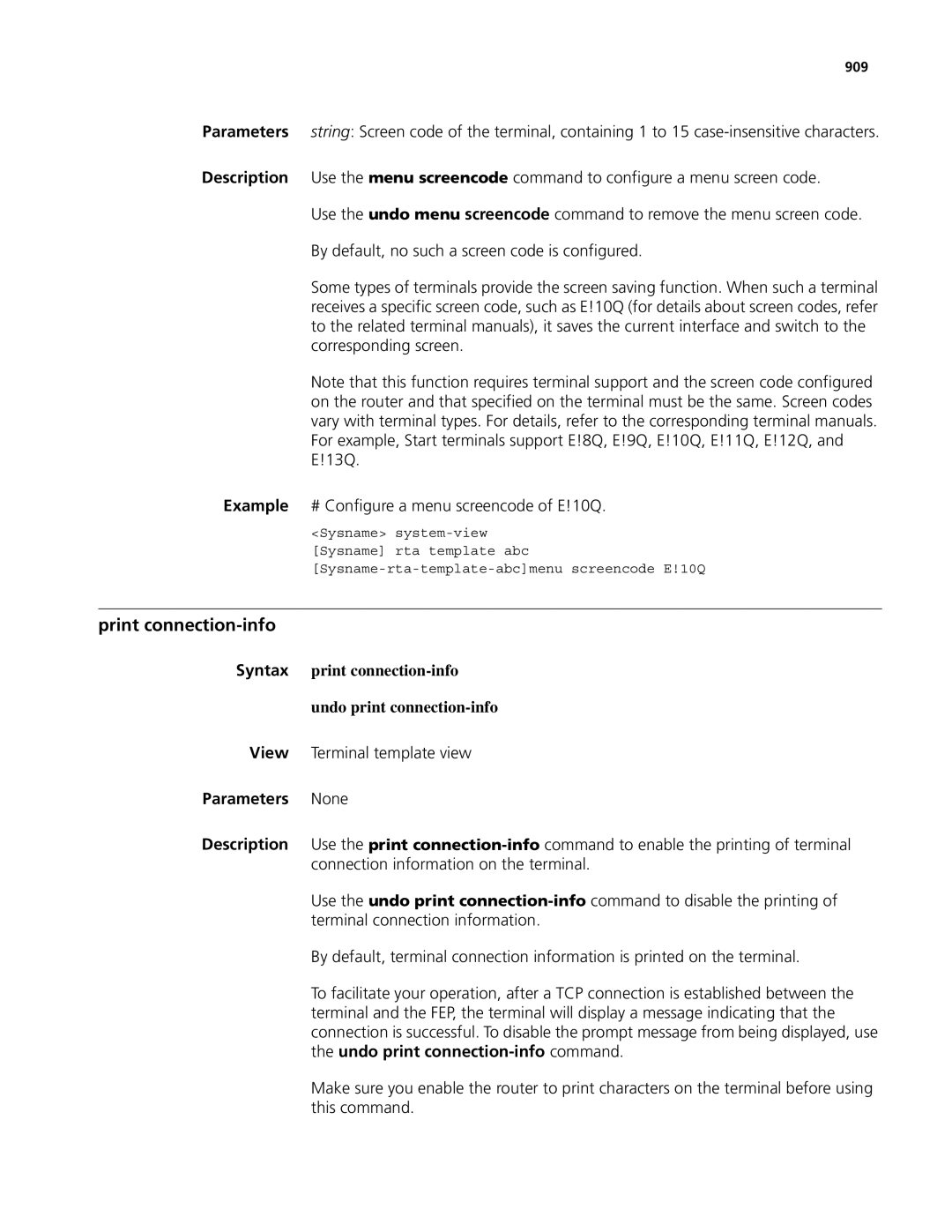 3Com MSR 50, MSR 30 manual Print connection-info, Syntax print connection-info Undo print connection-info, 909 