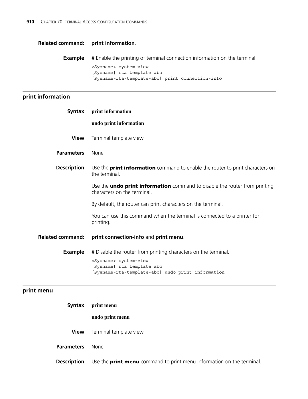 3Com MSR 30, MSR 50 manual Print information, Print menu, Related command print information 