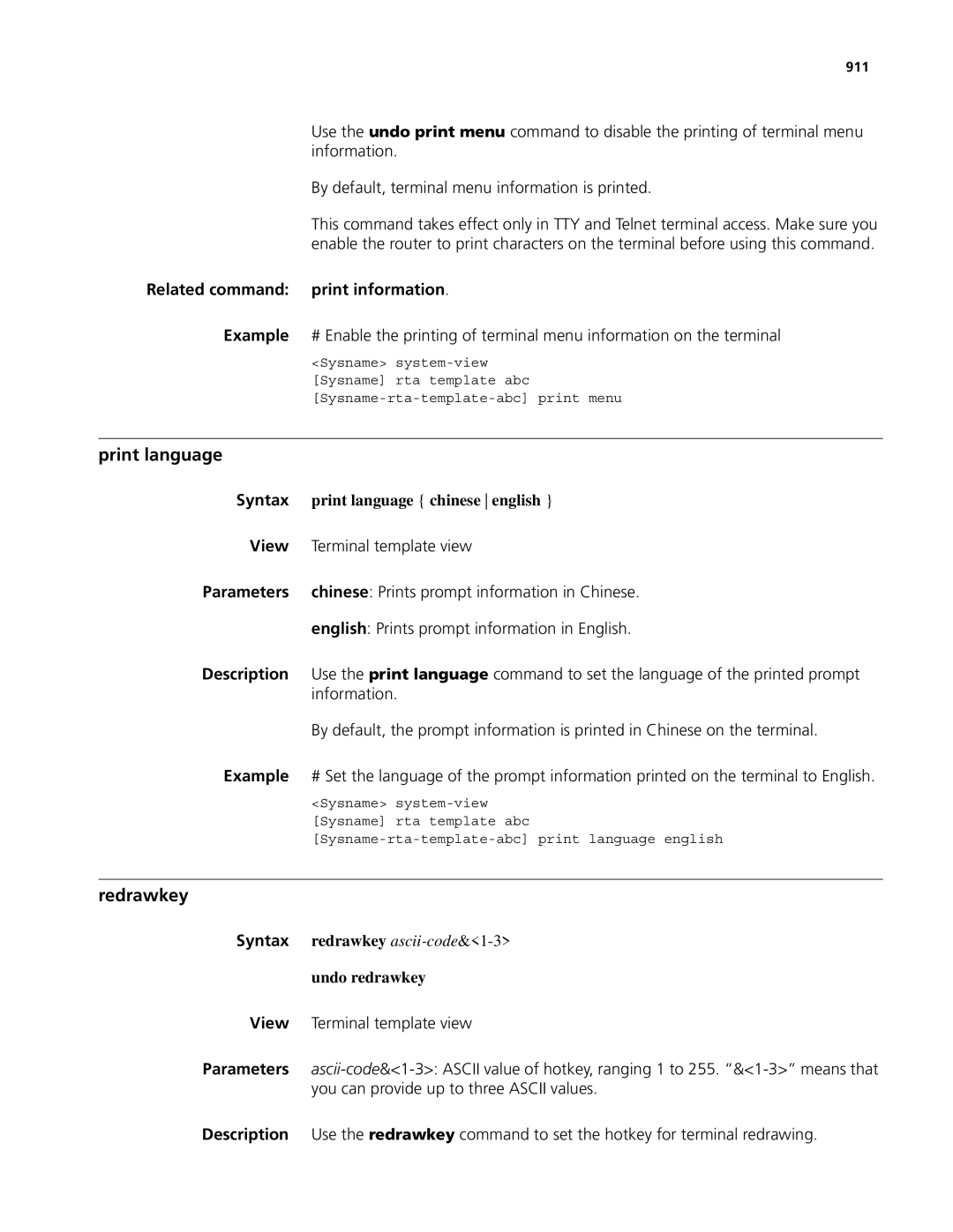 3Com MSR 50, MSR 30 manual Redrawkey, Print language chinese english, Terminal template view 