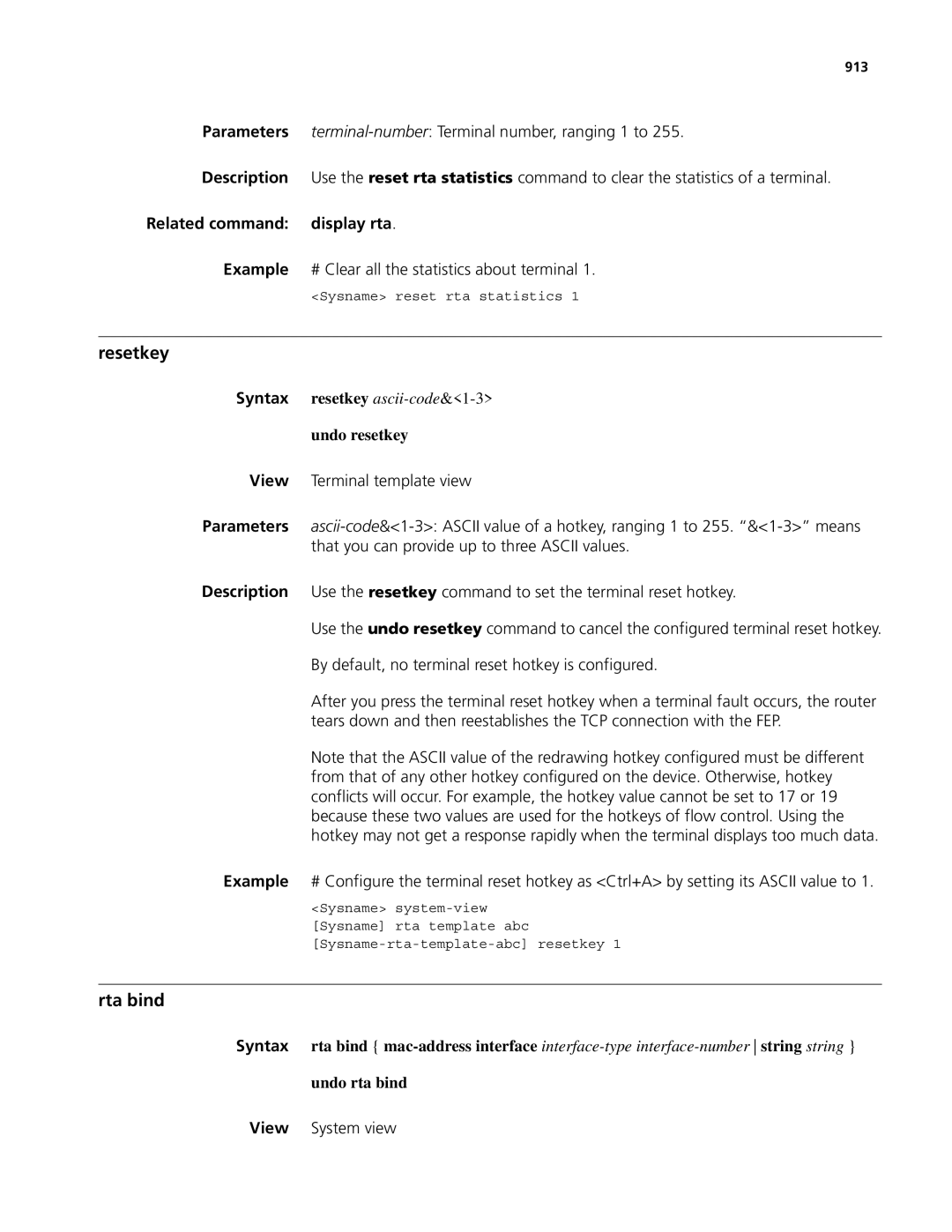 3Com MSR 50, MSR 30 manual Resetkey, Rta bind, Related command display rta, Undo resetkey, Undo rta bind 