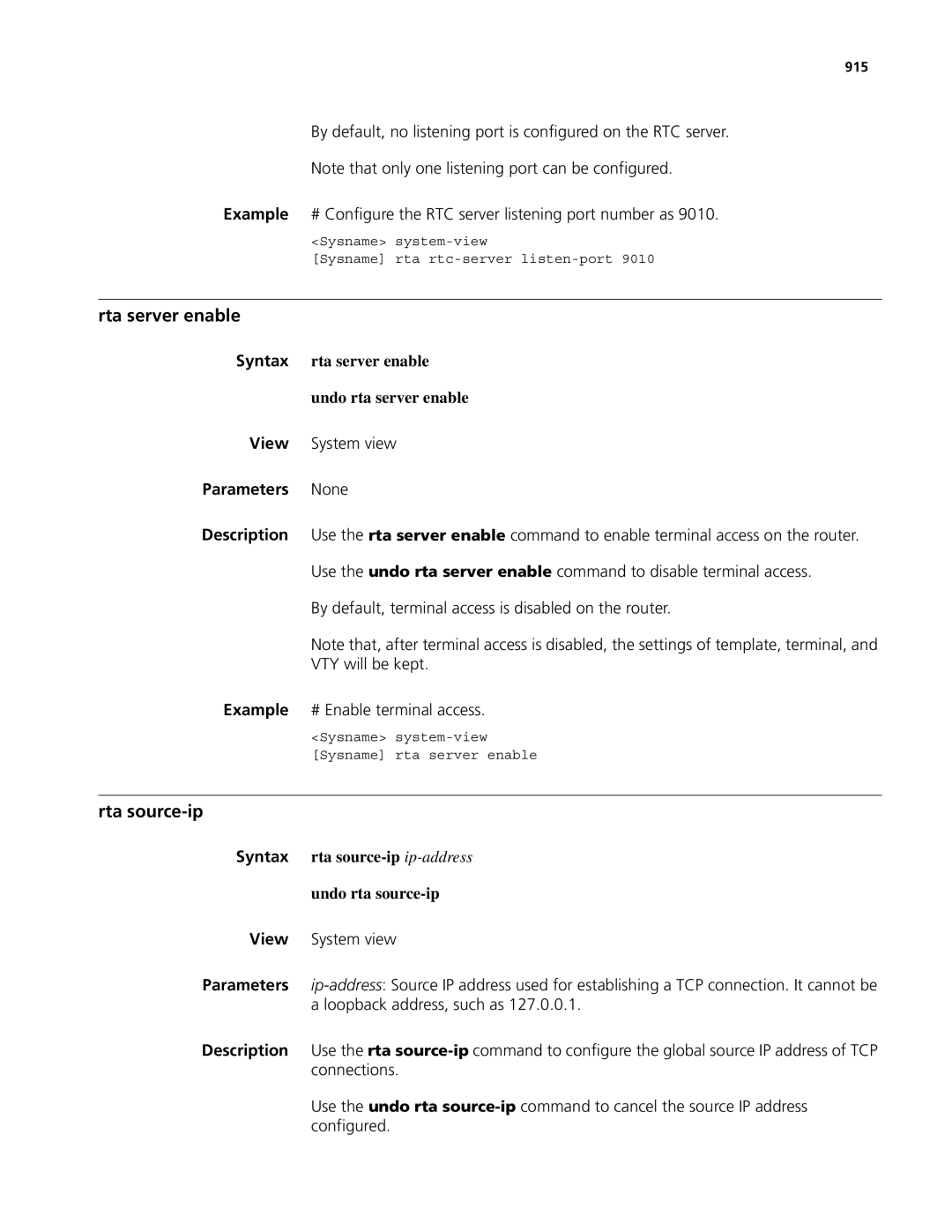 3Com MSR 50, MSR 30 manual Rta server enable, Rta source-ip, Syntax rta server enable Undo rta server enable, 915 