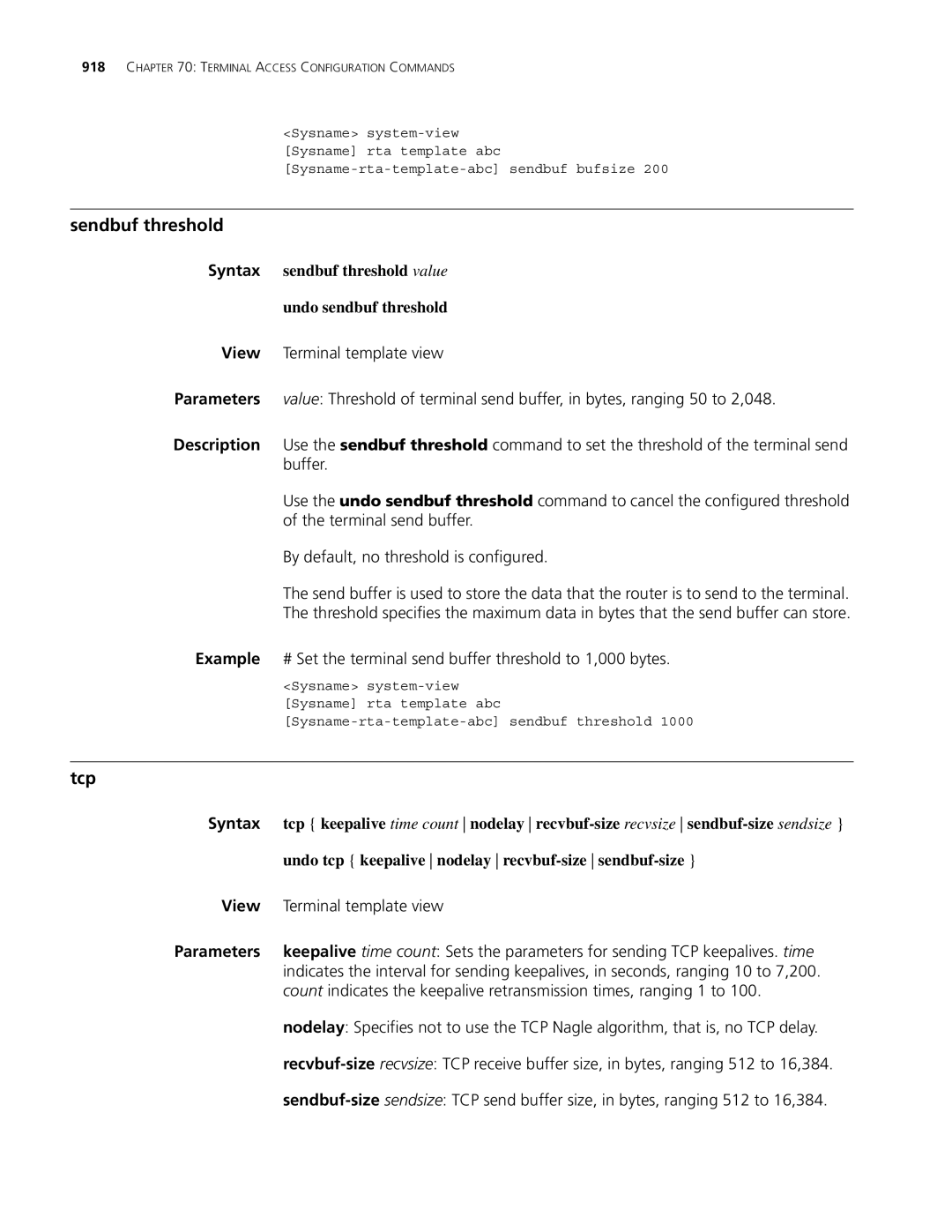 3Com MSR 30, MSR 50 manual Sendbuf threshold, Tcp, Syntax sendbuf threshold value Undo sendbuf threshold 