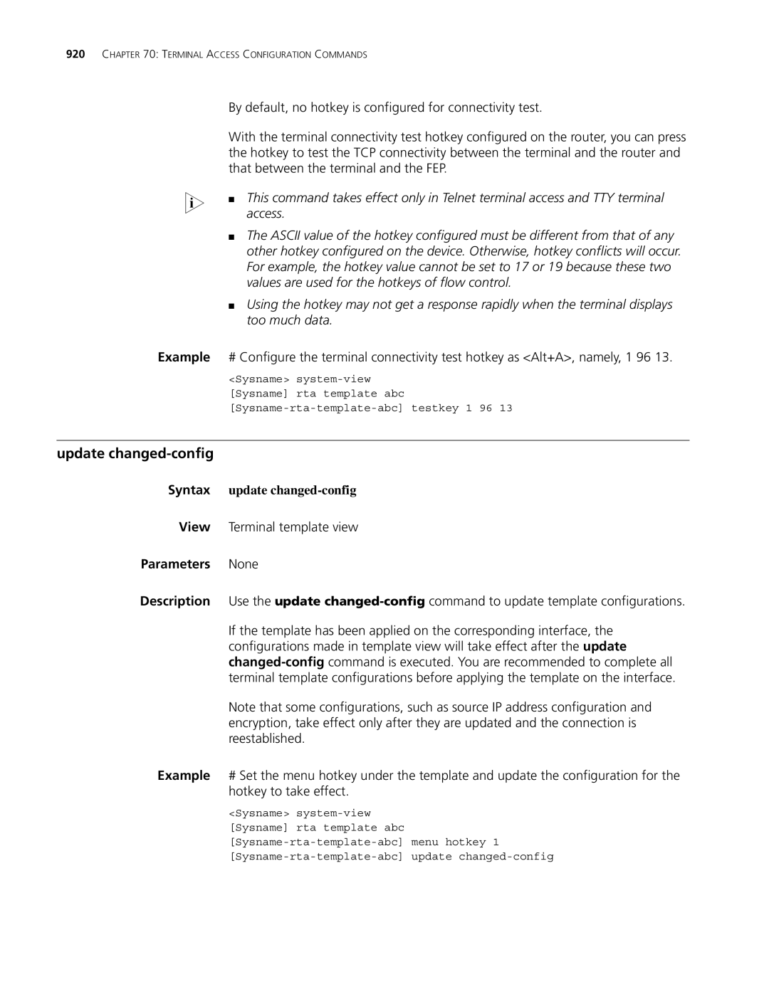 3Com MSR 30, MSR 50 manual Update changed-config, Access, Values are used for the hotkeys of flow control 