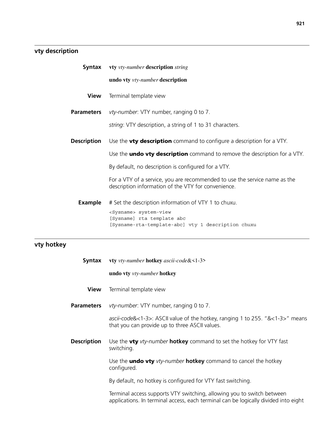 3Com MSR 50, MSR 30 manual Vty description, Vty hotkey, Undo vty vty-numberdescription, 921 