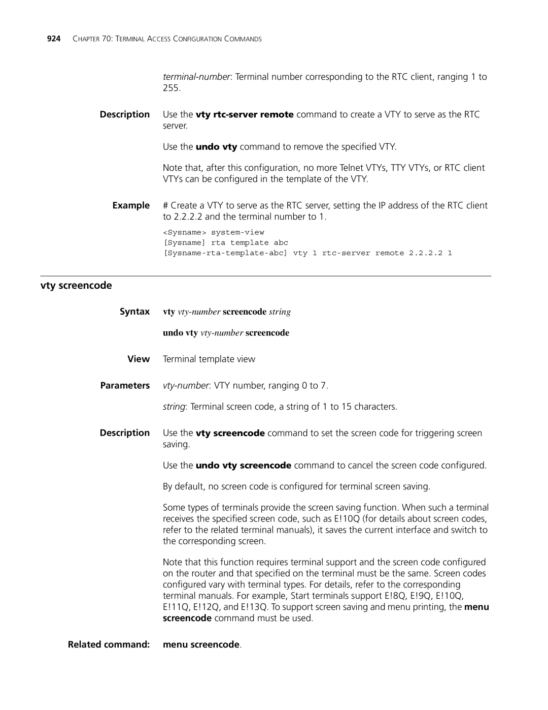 3Com MSR 30, MSR 50 manual Vty screencode, Undo vty vty-numberscreencode, Related command menu screencode 