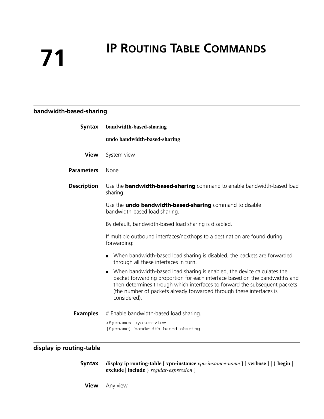 3Com MSR 50, MSR 30 manual IP Routing Table Commands, Bandwidth-based-sharing, Display ip routing-table 