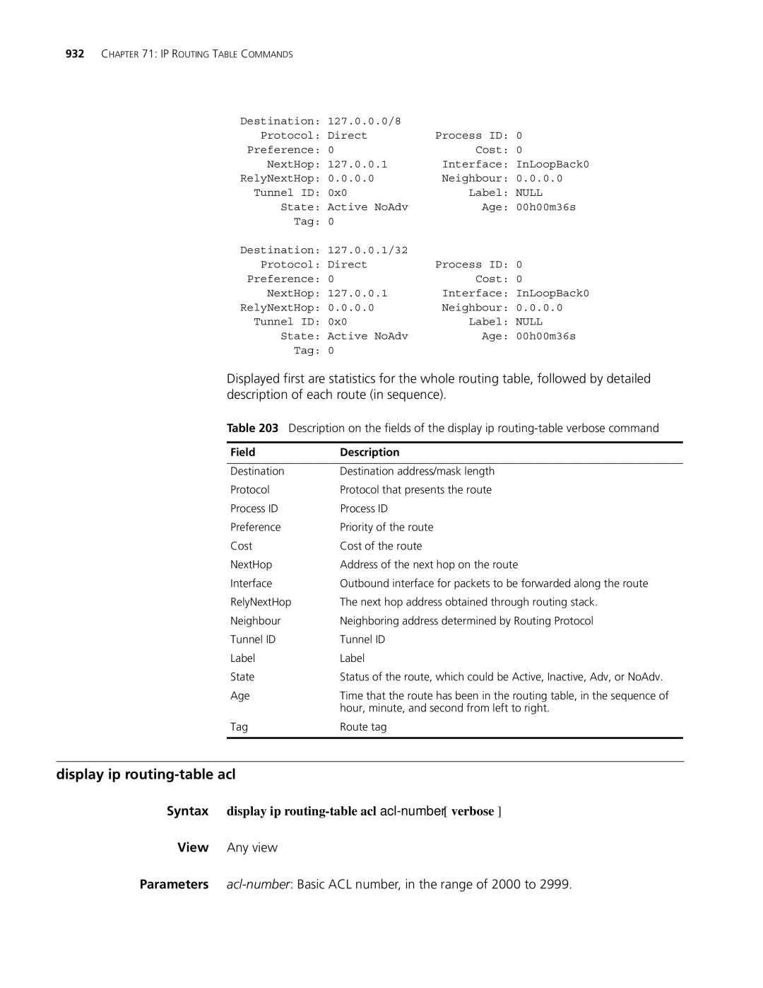 3Com MSR 30, MSR 50 manual Display ip routing-table acl, Syntax display ip routing-table acl acl-number verbose 