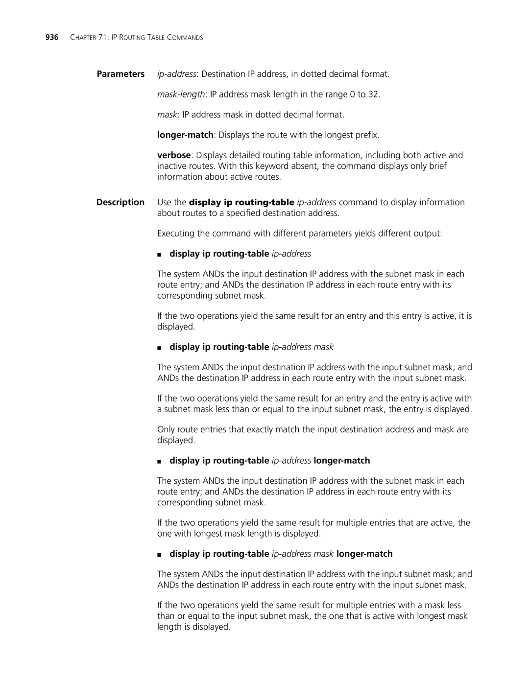 3Com MSR 30, MSR 50 manual Display ip routing-table ip-address mask, Display ip routing-table ip-addresslonger-match 