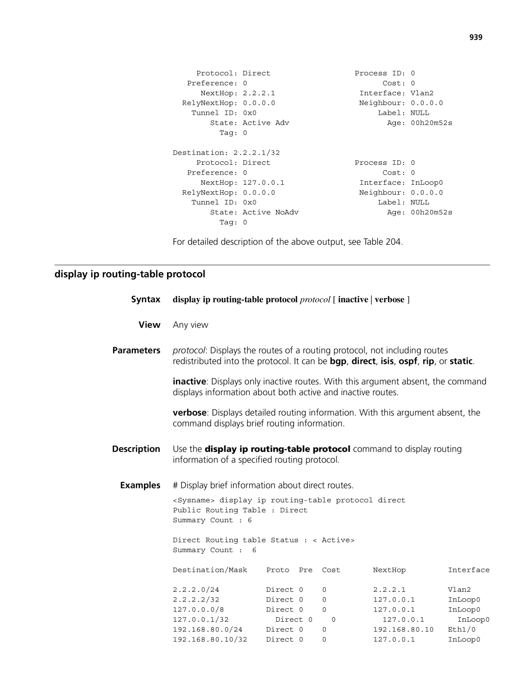 3Com MSR 50, MSR 30 manual Display ip routing-table protocol, For detailed description of the above output, see Table, 939 