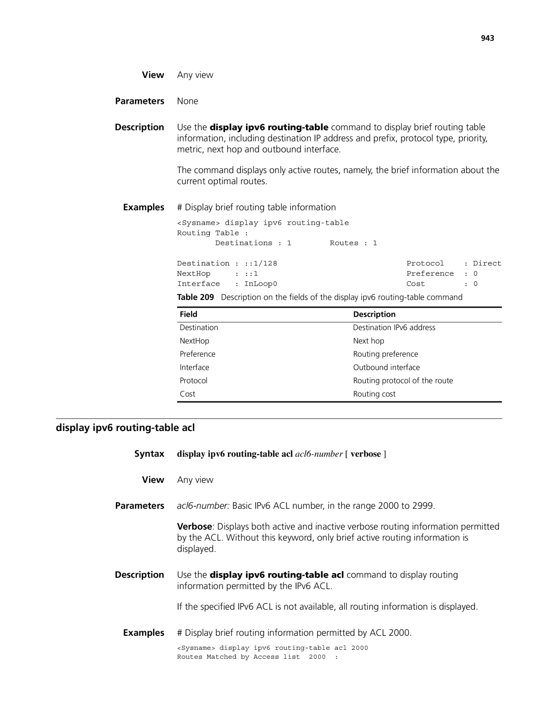 3Com MSR 50, MSR 30 manual Display ipv6 routing-table acl, Syntax display ipv6 routing-table acl acl6-number verbose, 943 