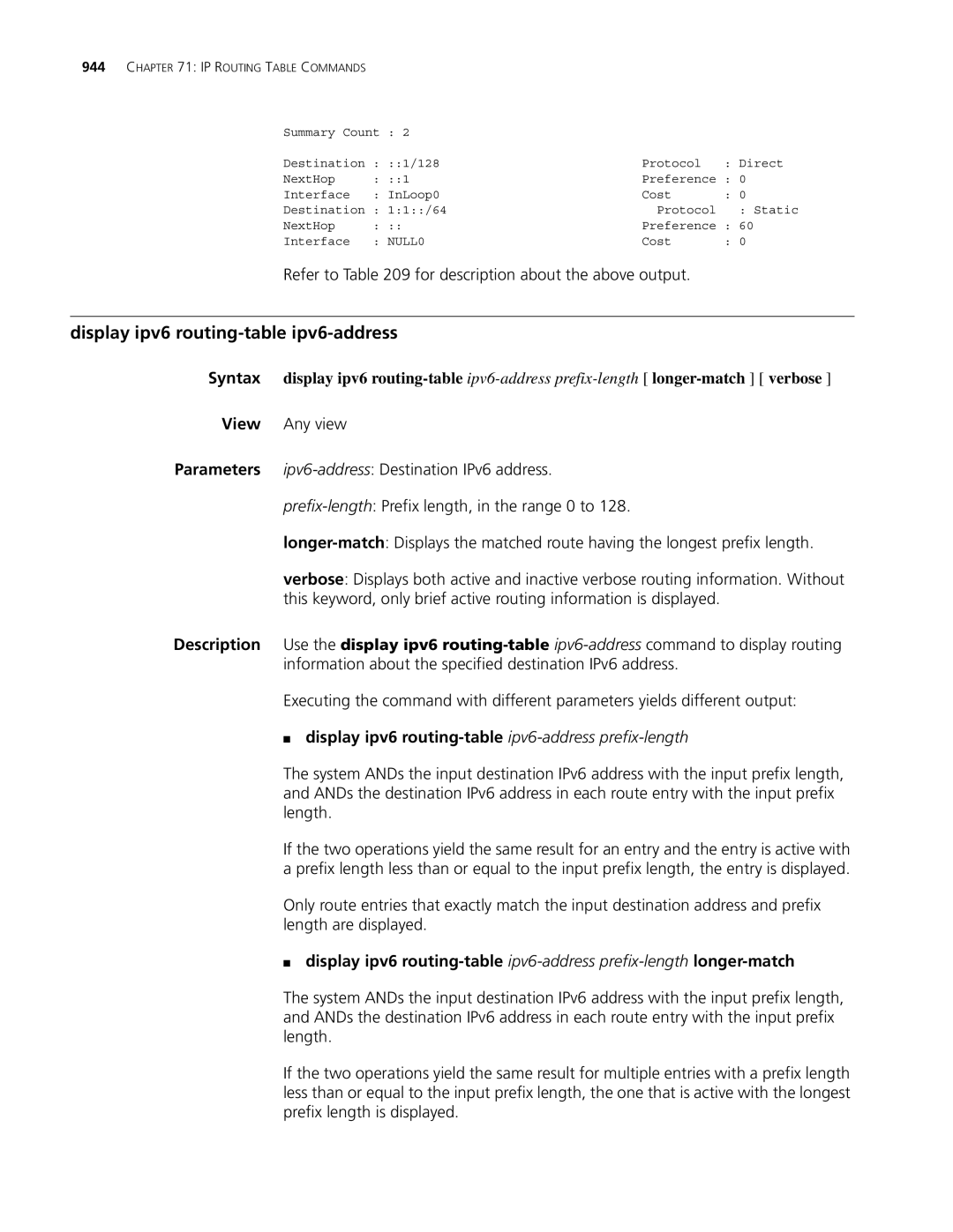 3Com MSR 30, MSR 50 manual Display ipv6 routing-table ipv6-address, Refer to for description about the above output 