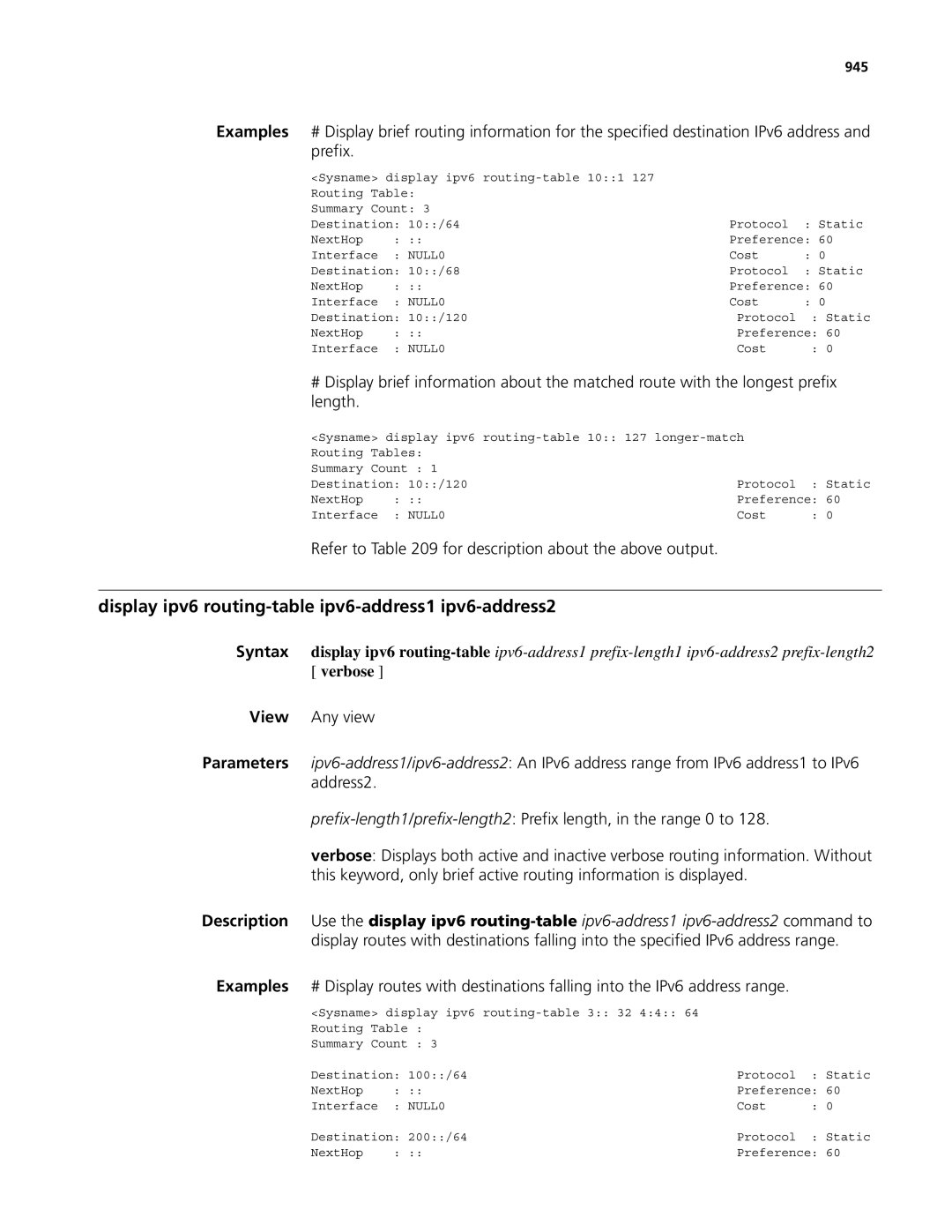 3Com MSR 50, MSR 30 manual Display ipv6 routing-table ipv6-address1 ipv6-address2, 945 