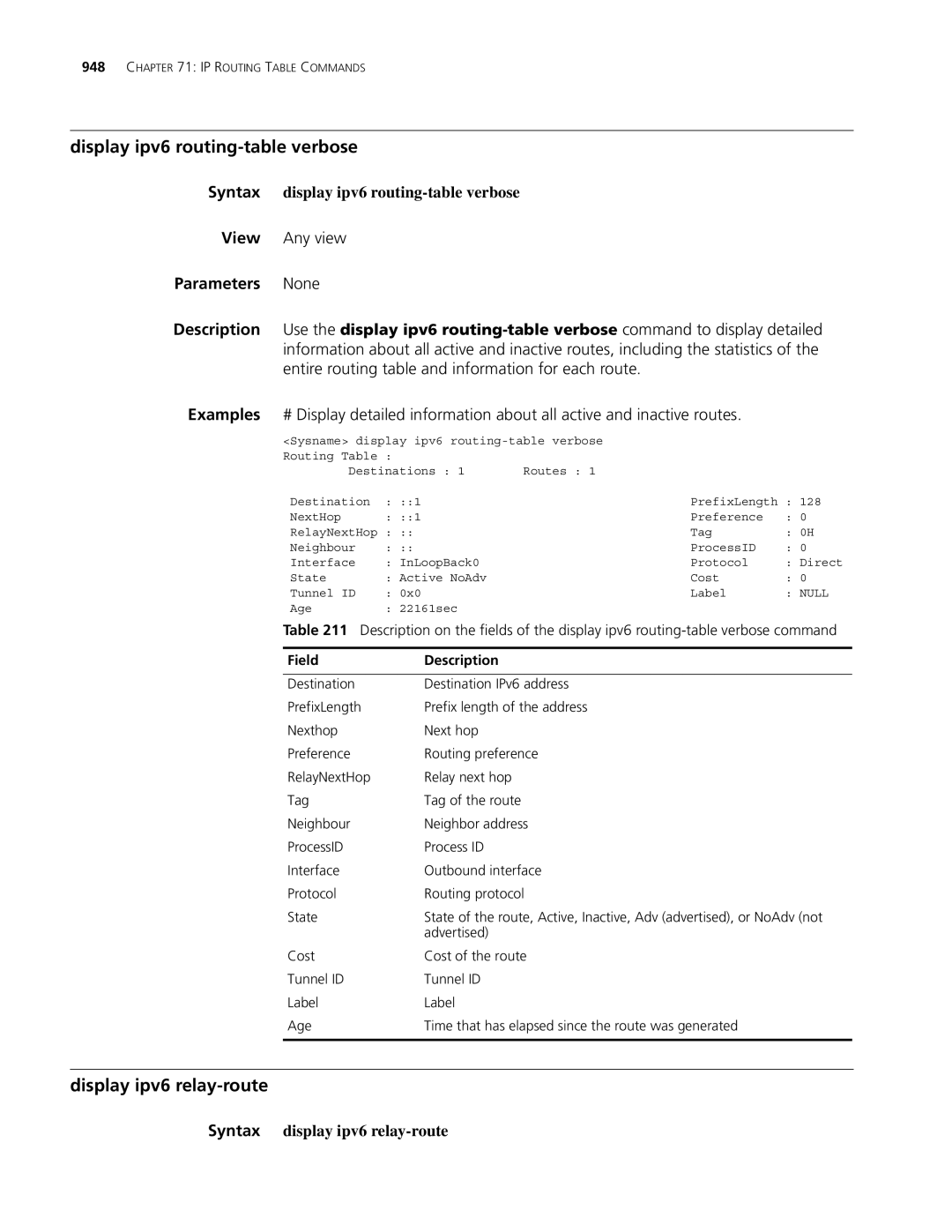 3Com MSR 30, MSR 50 manual Display ipv6 routing-table verbose, Display ipv6 relay-route, Syntax display ipv6 relay-route 