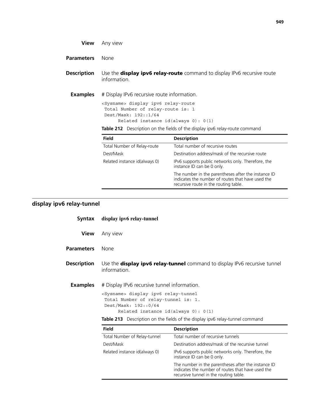 3Com MSR 50, MSR 30 manual Display ipv6 relay-tunnel, # Display IPv6 recursive tunnel information, 949 