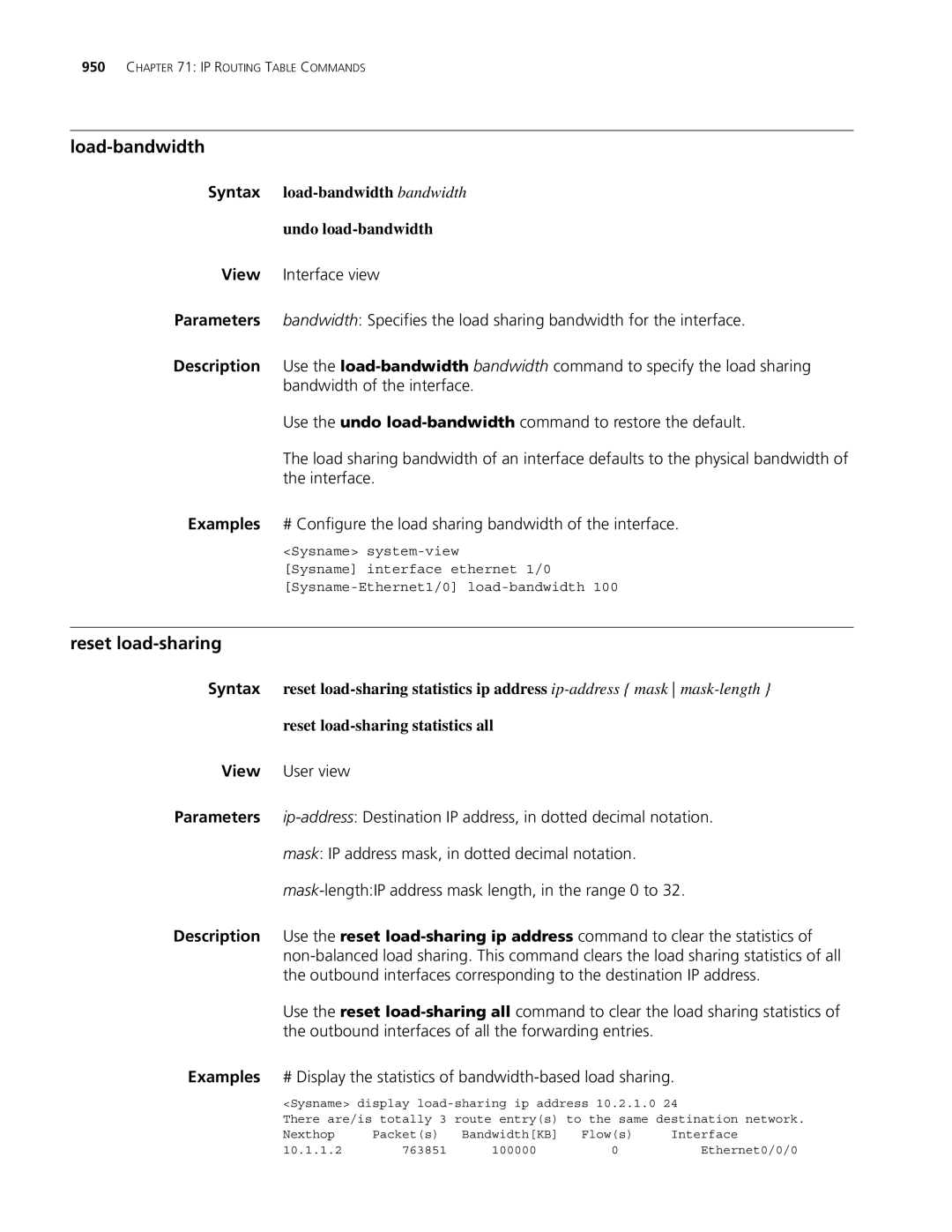 3Com MSR 30, MSR 50 manual Load-bandwidth, Reset load-sharing, Syntax load-bandwidth bandwidth Undo load-bandwidth 