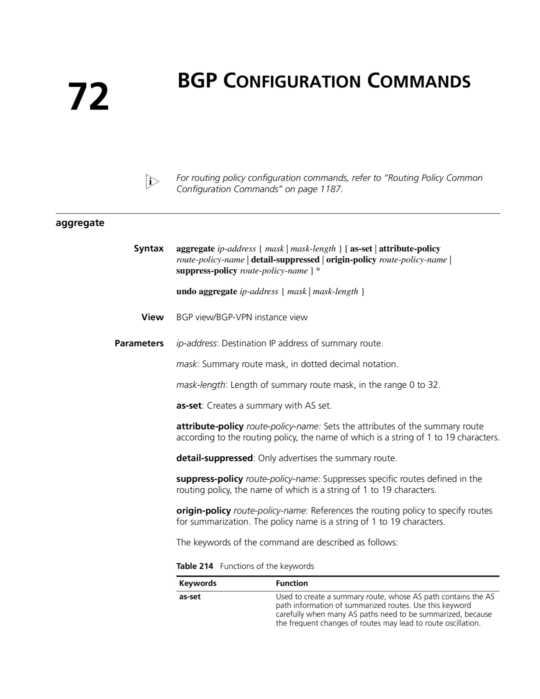 3Com MSR 50, MSR 30 manual BGP Configuration Commands, Aggregate, Configuration Commands on, Functions of the keywords 