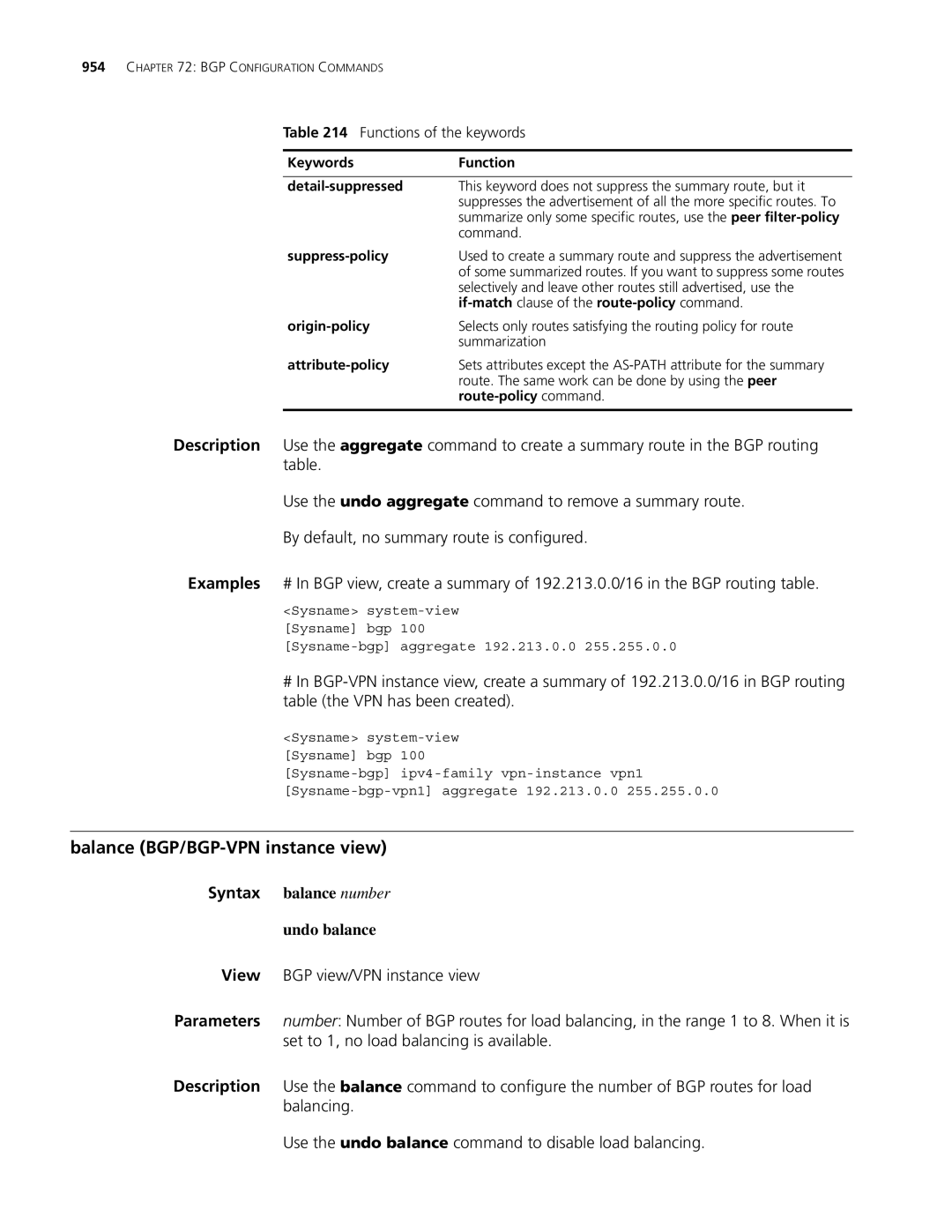 3Com MSR 30, MSR 50 manual Balance BGP/BGP-VPN instance view, Syntax balance number Undo balance, Suppress-policy 