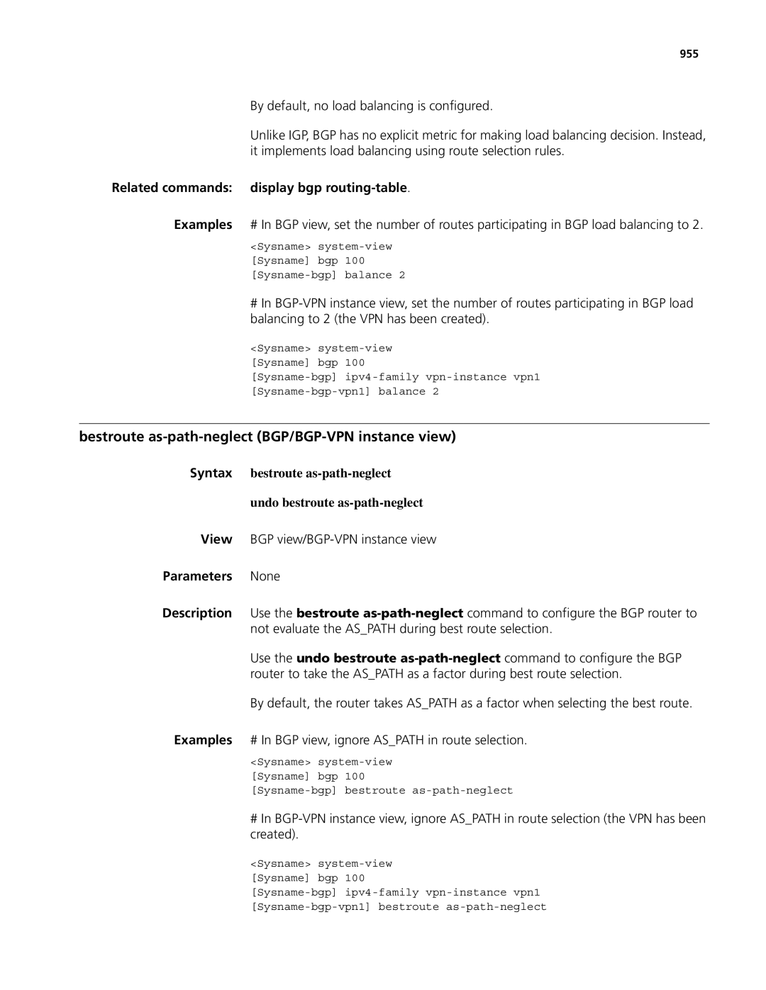 3Com MSR 50, MSR 30 Bestroute as-path-neglect BGP/BGP-VPN instance view, Related commands display bgp routing-table, 955 