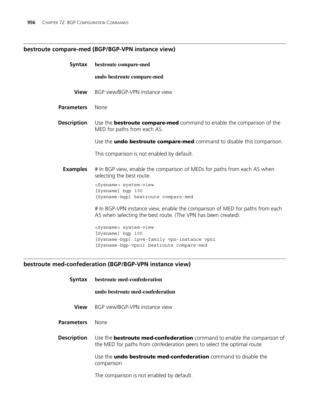 3Com MSR 30, MSR 50 Bestroute compare-med BGP/BGP-VPN instance view, Bestroute med-confederation BGP/BGP-VPN instance view 