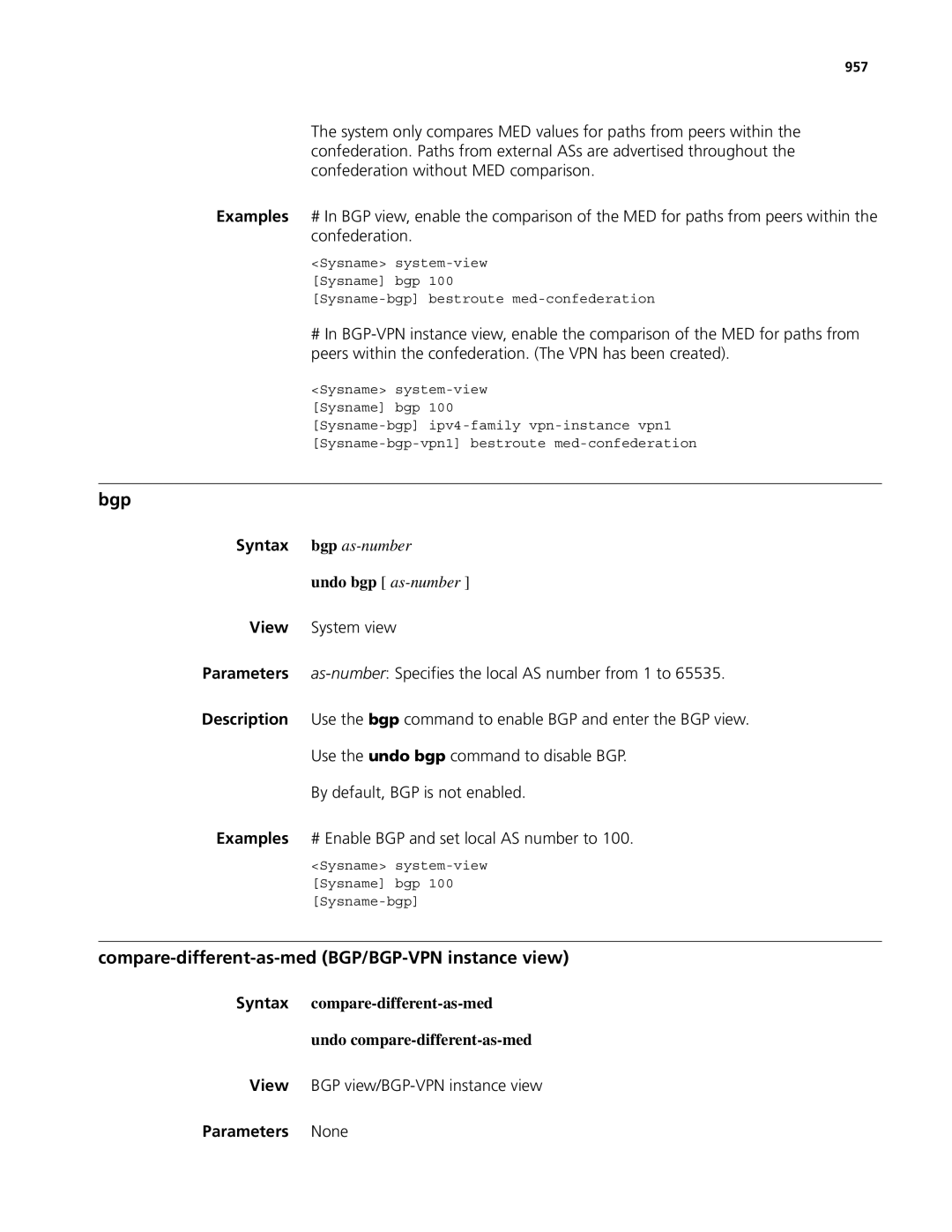 3Com MSR 50, MSR 30 manual Bgp, Compare-different-as-med BGP/BGP-VPN instance view, 957 